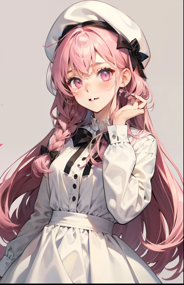 girl with、Background white、without background、Pink hair、Braiding、The long-haired、Pink eyes、with blush cheeks、Embarrassing、White Dress Long Sleeve、White cap、beret、frilld、bow ribbon、kawaii、without background