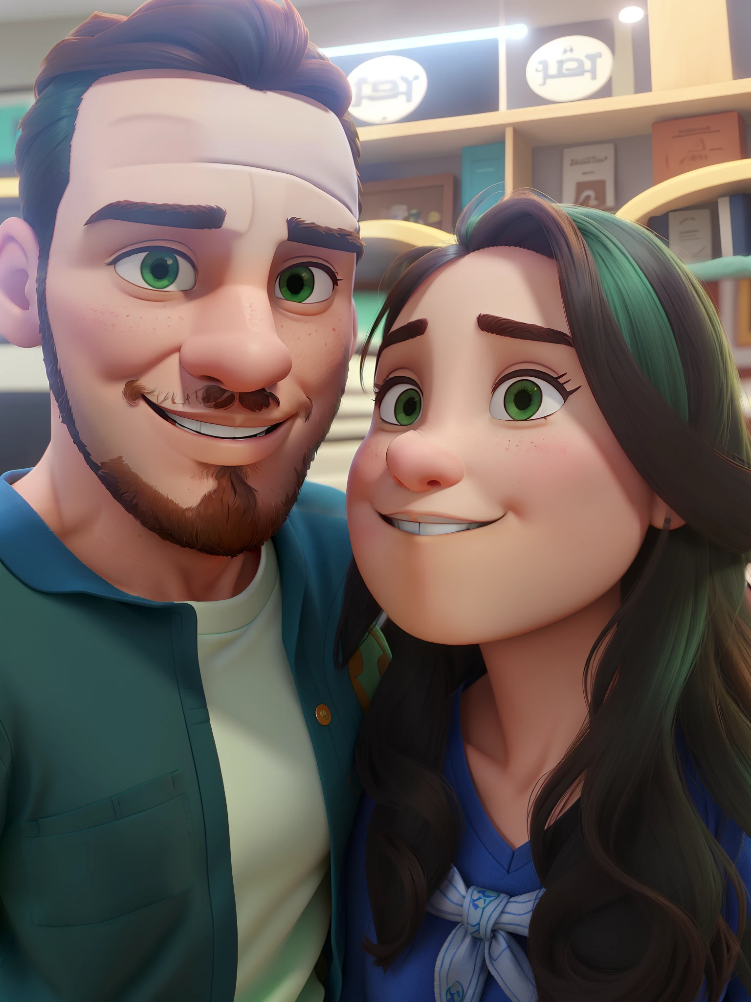 Casal (homem moreno com aparelho, barba, blusa verde e camisa marrom clara e mulher morena com cabelo liso) no estilo Disney Pixar, alta qualidade, melhor qualidade.