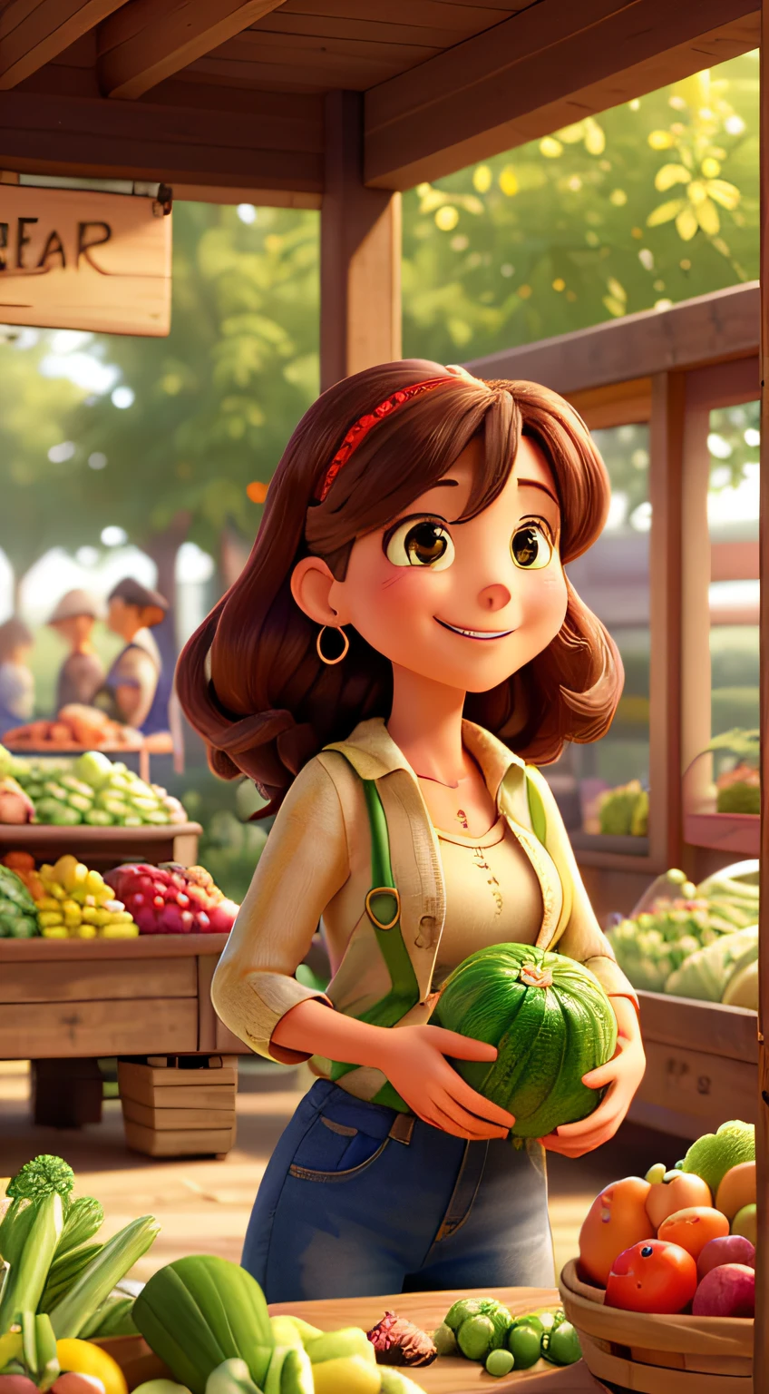 (a happy woman buying vegetables in an enclosed environment, behind her is a sign with the following text written: "Frutos da Terra")

(best quality, highres, ultra-detailed), vibrant market scene, (realistic,photorealistic), indoor setting with abundant natural light, joyful atmosphere, (lush greenery:1.1), bustling activity, (colorful stalls:1.1), curated selection of fresh vegetables, (meticulously arranged:1.1), rich variety of locally grown produce, (bountiful harvest:1.1), rustic wooden crates overflowing with vibrant fruits and vegetables, (freshly picked:1.1), neatly bundled bouquets of fresh herbs, (fragrant basil:1.1), (crimson tomatoes:1.1) glistening under the sunlight, (crisp bell peppers:1.1) in a rainbow of colors, (juicy citrus fruits:1.1) emitting a refreshing scent, (colorful price tags:1.1) hanging from each item, (happy shoppers:1.1) perusing the bountiful displays, (kind-hearted vendor:1.1) offering a warm smile, (friendly exchange:1.1) between the woman and the vendor, (authentic market experience:1.1), (happiness:1.2) radiating from the woman's face, (joyful anticipation:1.1) as she carefully selects her favorite vegetables, (carefree:1.1) atmosphere filled with laughter and chatter, (rustic ambiance:1.1) enhanced by wooden crates and vintage decor, (hand-painted sign:1.1) above the woman with the text "Frutos da Terra" in elegant calligraphy, (vibrant colors:1.1) that bring the scene to life, (warm sunlight:1.1) casting soft shadows, (playful touches:1.1) of dappled light dancing across the vegetables, (authenticity:1.1) captured in meticulous detail, (moment frozen in time:1.1), an ode to the beauty of local produce.