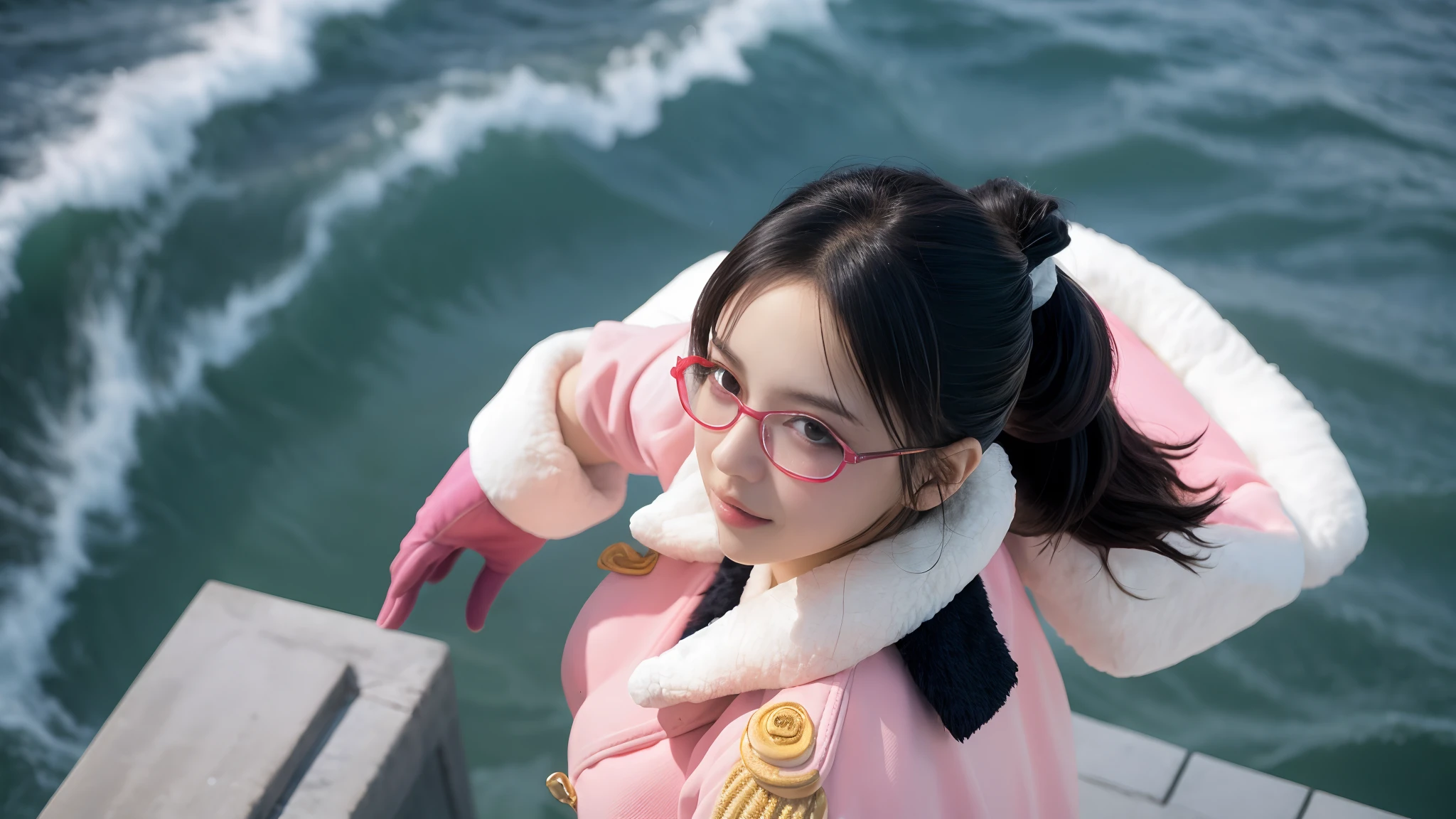 masterpiece, best quality, tashigi, black eyes, folded ponytail, glasses, large breasts, pink coat, pink gloves, epaulettes, looking at viewer, from above, blushing, ocean, city