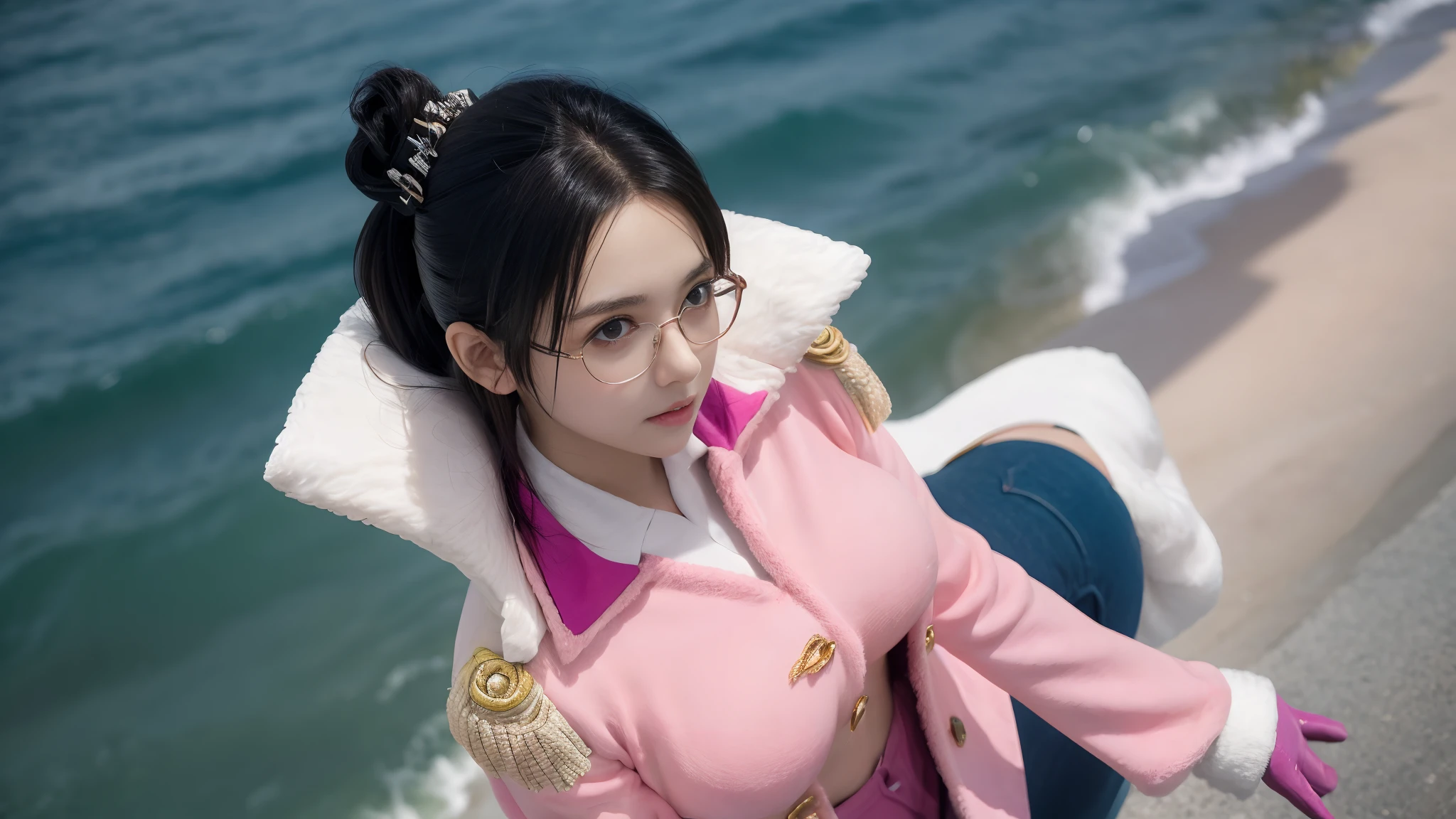 masterpiece, best quality, tashigi, black eyes, folded ponytail, glasses, large breasts, pink coat, pink gloves, epaulettes, looking at viewer, from above, blushing, ocean, city