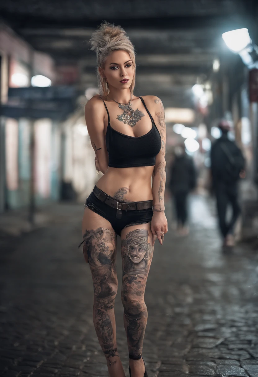 A pornographic girl wearing underwear，s the perfect face，Wearing black stockings，Wear stiletto heels，with tattoos，Have on the street