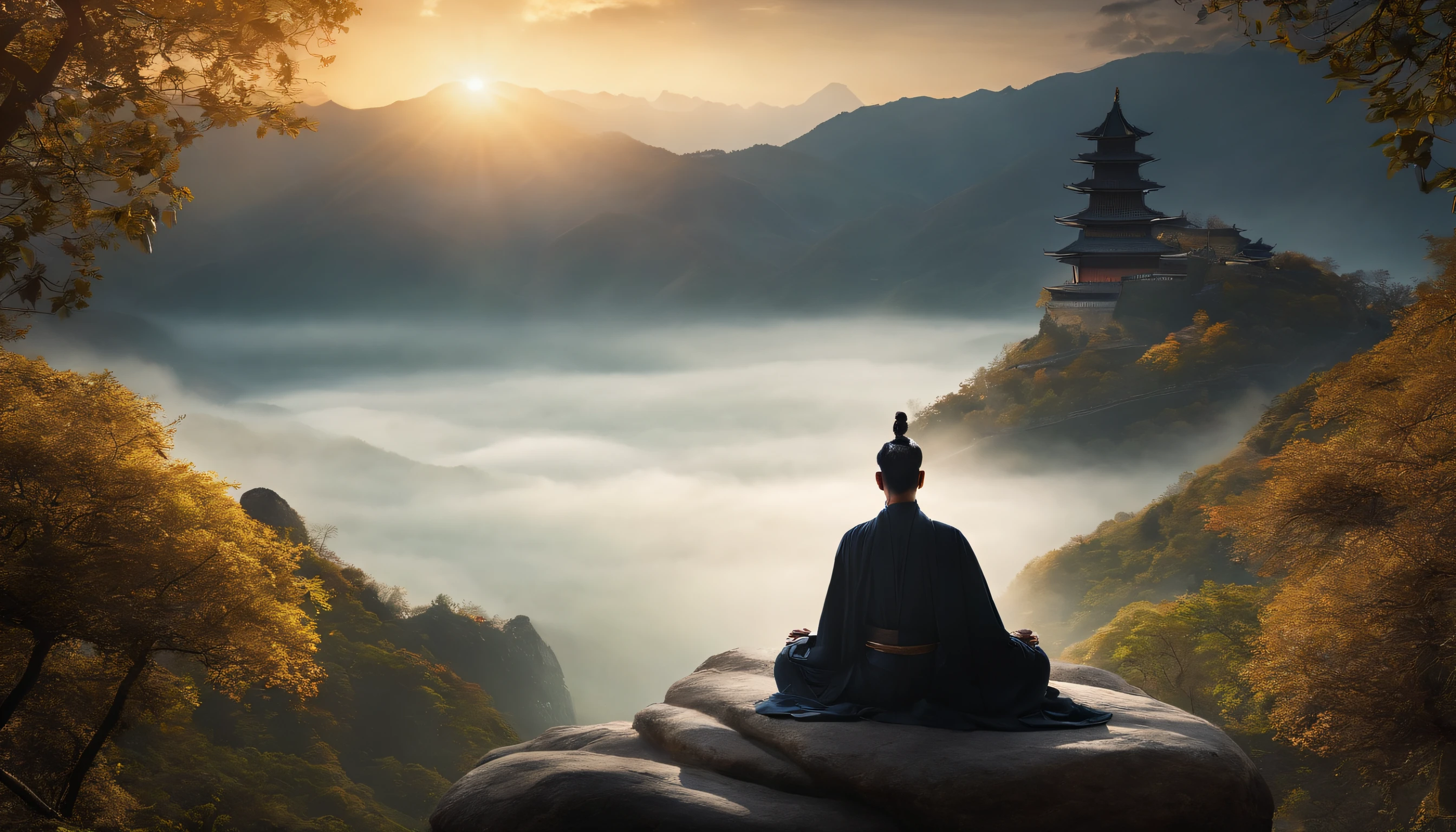 Close-up of a young Chinese Taoist leader sitting on a rock,Long, Whtie hair，lbeard，Meditation cross-legged，Taoism, wearing long black robe，magical aura，Taoist master,Taoist，Not centered，facing at camera，Very bright colors, Light particles, There is bright light, Mshiv, wallpaper art, ultra HD wallpaper