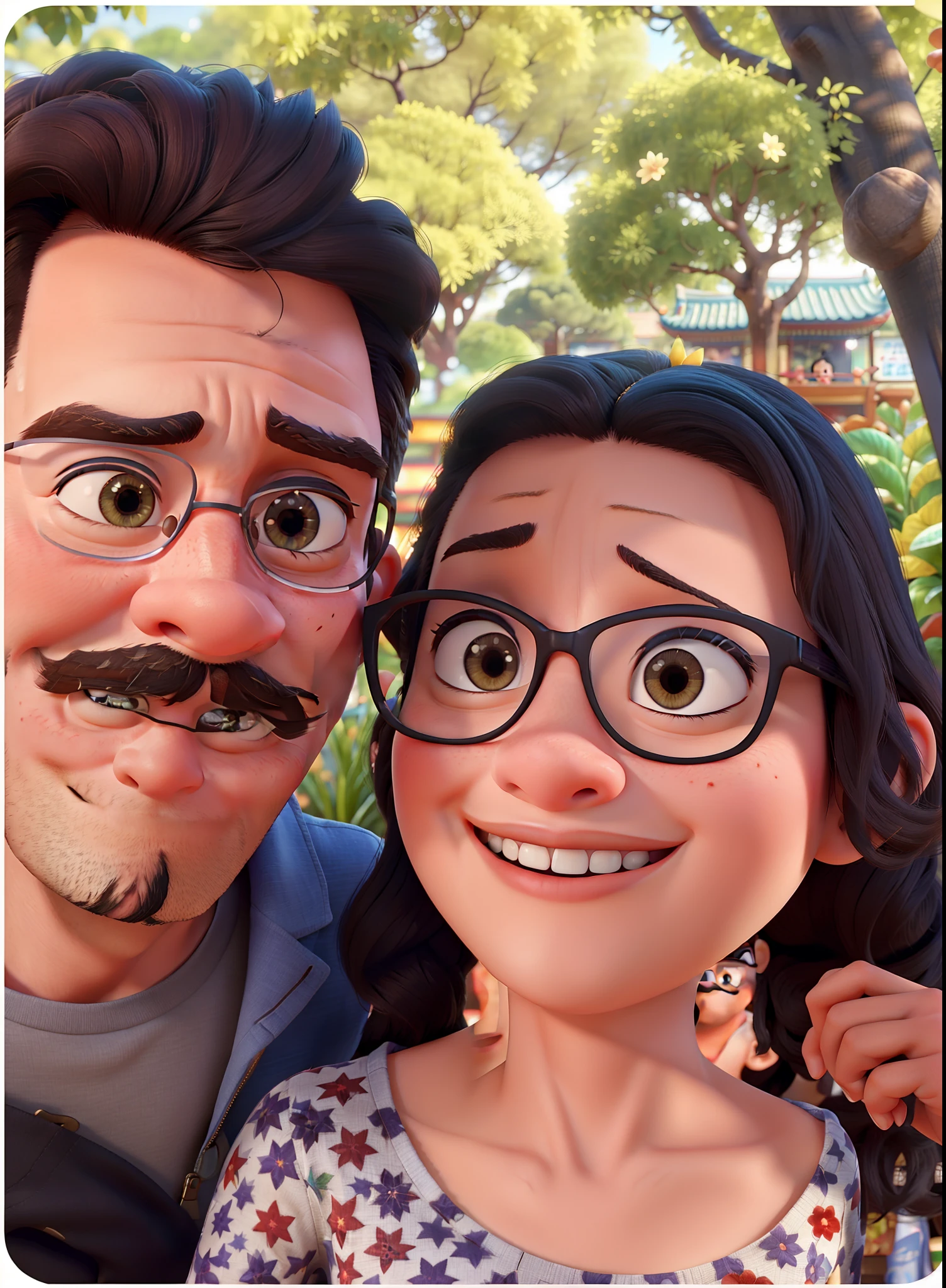 Pixar movie poster of a couple of young lovers taking a picture in Chinese restaurant. A tem cabelos castanhos e olhos castanhos, o meninoigode