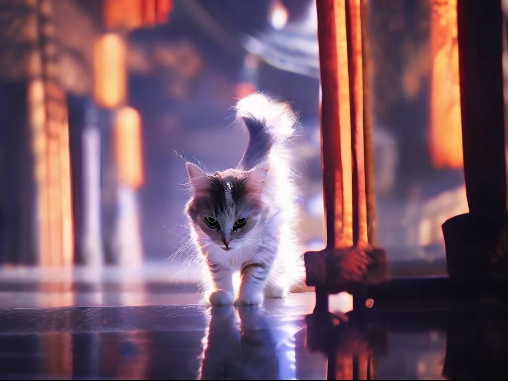 calico cat, tri-color cat, lihua cat, white black orange cat, Classic cat pose, walking on ancient asian street, tyndall effect, photorealistic, cinematic lighting, dark studio, round Pupils, reality, rim lighting, two tone lighting