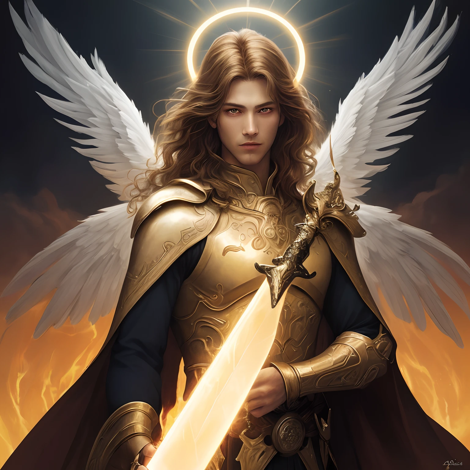 male angel with sword and swirling fire in a ray of light,beautiful eyes,long golden curly hair,multiple gleaming wings,divine aura,golden halo,powerful stance,heavenly background portrait,traditional oil painting rendering,vibrant colors,soft lighting,clouds,halo,sword,masculine