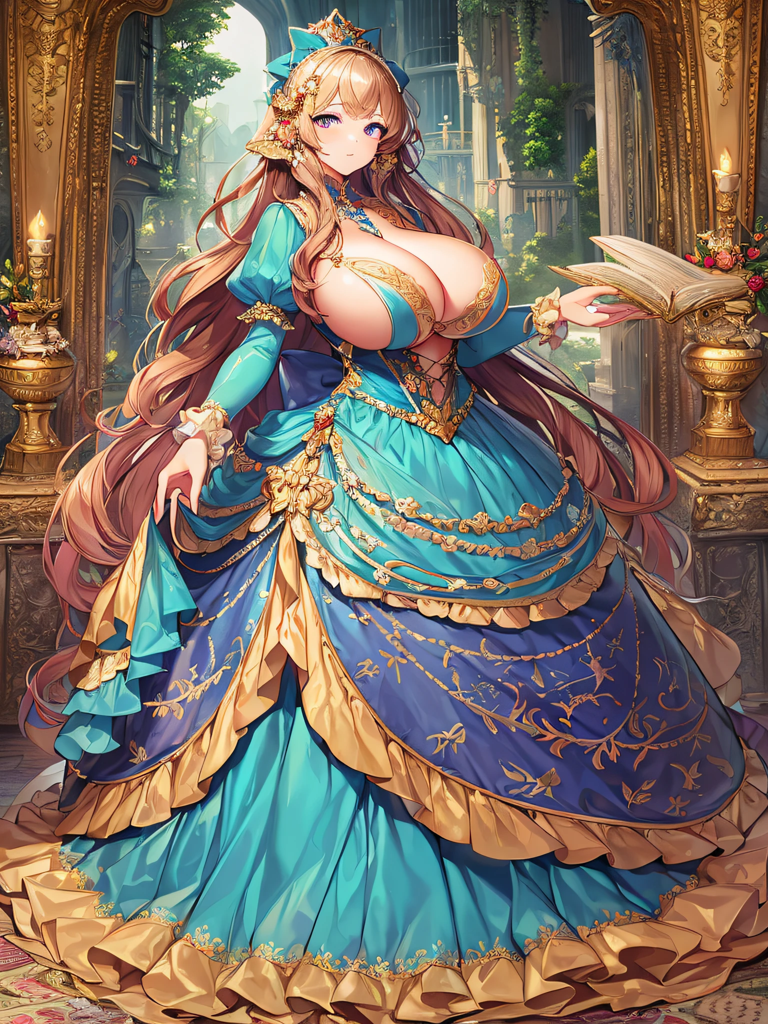 best quality, masterpiece, best definition, artwork, super detailed, many details, details, detailed,woman,((one princess)), full body, full body,((very gigantic boobs)),cleavage,Skindentation,(((absurdly long Hair,Straight Hair))),super detailed gorgeous ballgown with voluminous full length hoop skirt,gorgeous rococo ballgown with many ruffles,gorgeous rococo ballgown with big bows,gorgeous rococo ballgown with big bows,gorgeous rococo ballgown with beautiful embroidery and jeweled,ruffles,whole body,