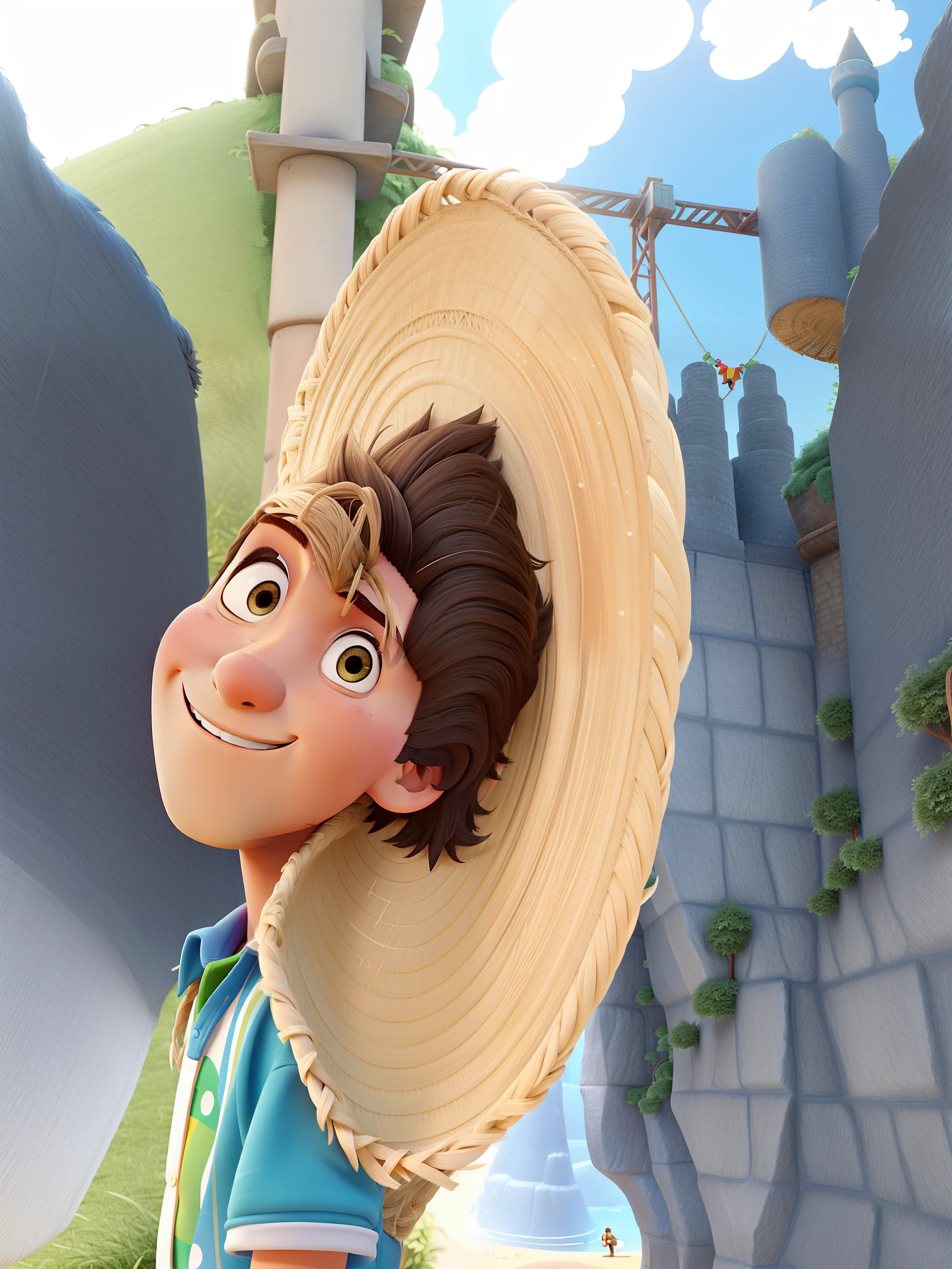 Poster estilo disney pixar. Jovem masculino bonito, brasileiro, Italian descent, 20 anos, cabelos castanhos, cabelos ondulados, olhos castanhos, cabelo taper fade, wearing straw hat