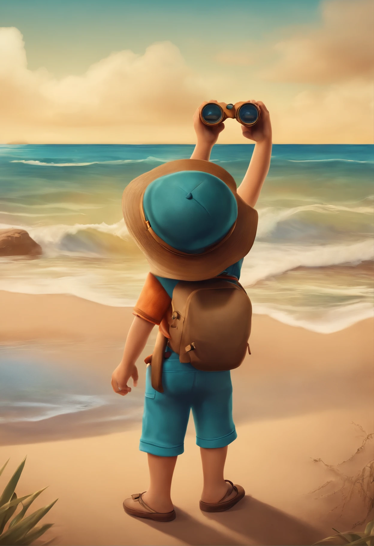 (Create a pixar poster of boy with binoculars on the beach. O menino e o mar. Ele tem Benguela de um dente cabelos cacheados