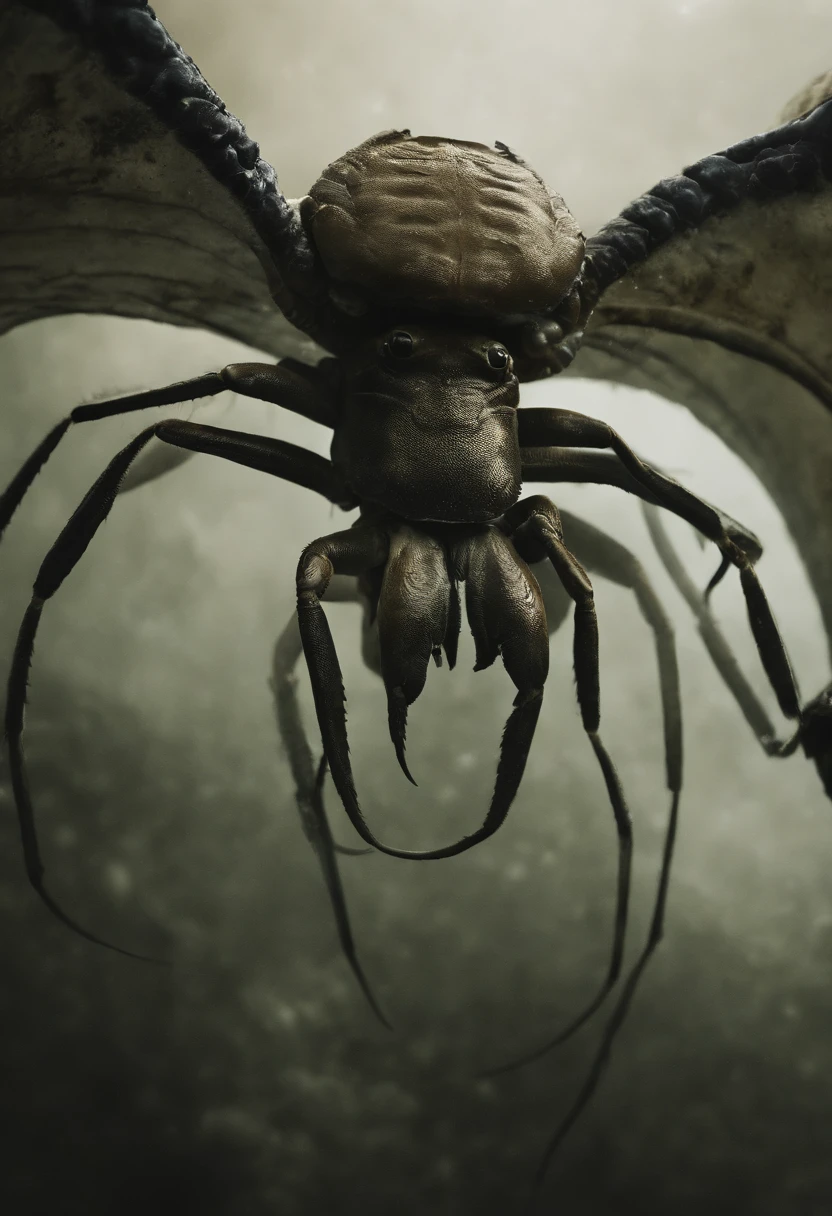 (A giant crab stands in the mist, Staring fiercely at a person asking for help),(a creature 5 meters tall:1.0),(Huge green eyes are unusually bright:1.37)(The thick legs of two giants stand on the reef) ,,(The shell of a giant crab is dark green),(goldtrim), (Dark blue wide oval abdomen), (Very hard and thick shell texture), (There are a pair of large protruding compound eyes:0.8),(Unusually long and flexible antennae:1.1),(The length is about 1/3 The width of the crab's body:0.5) ,(There is a small pair of pliers on the top of the head),(Fresh fluff:0.8), giant ethereal creature,The texture is clear, (The helpless pray for help:1.37),(People who ask for help:1.37),Background to Cancer Salvation Prayer:nebulous sky,(rough sea),(Greatwave),Recife,(salama:1.1), 真实感,Epic,ultraclear,afterimage, Dutch angle, From below, Sony FE GM, Chiaroscuro, Blurry, hyper HD, Masterpiece, Textured skin, Super detail, High details, High quality, Award-Awarded, Best quality, A high resolution, 8K,Epic,sci-fy,Futuristic fantasy,cotw,punk,mechs