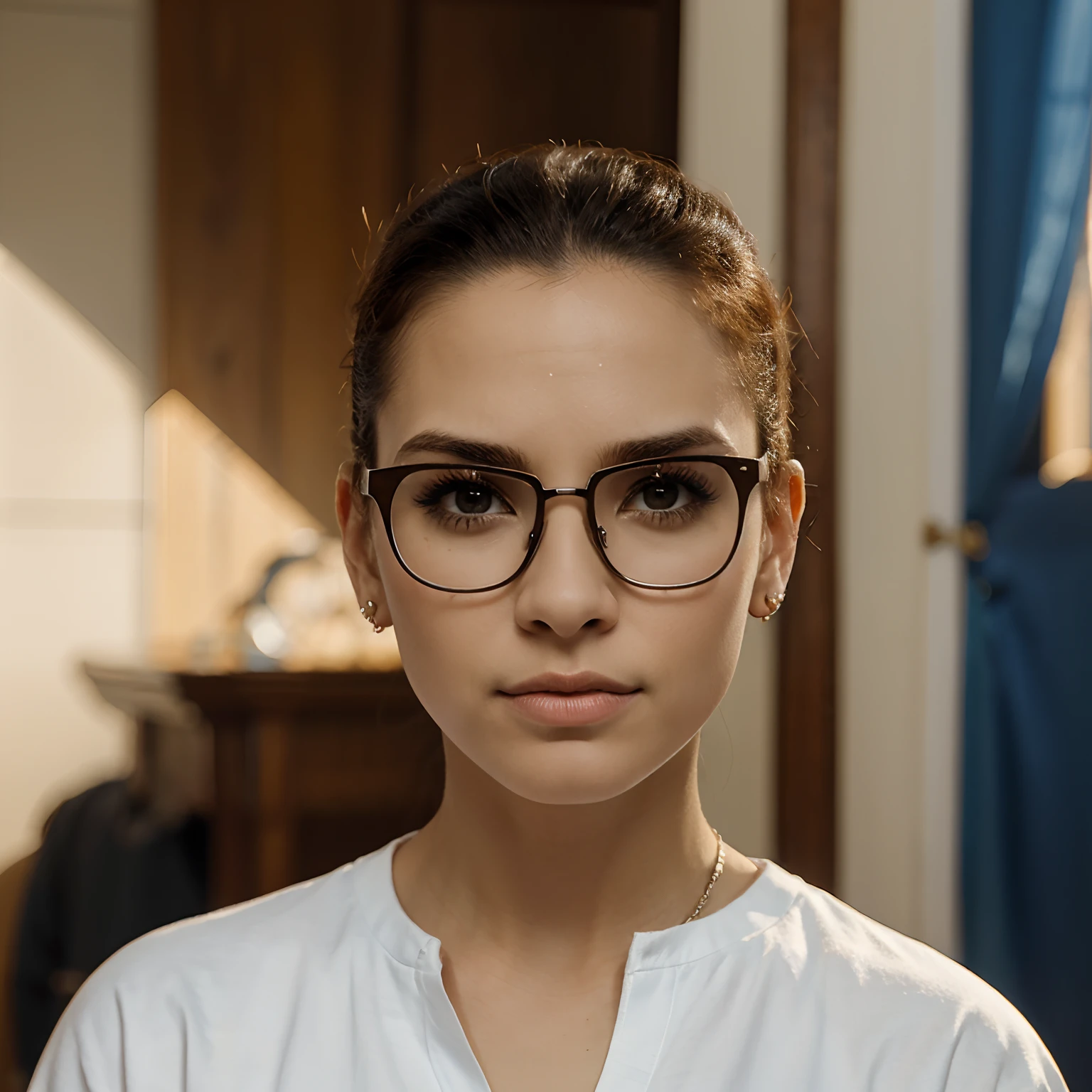 Criar homem careca, cara fechada, square glasses and pierced chin Disney Pixar style