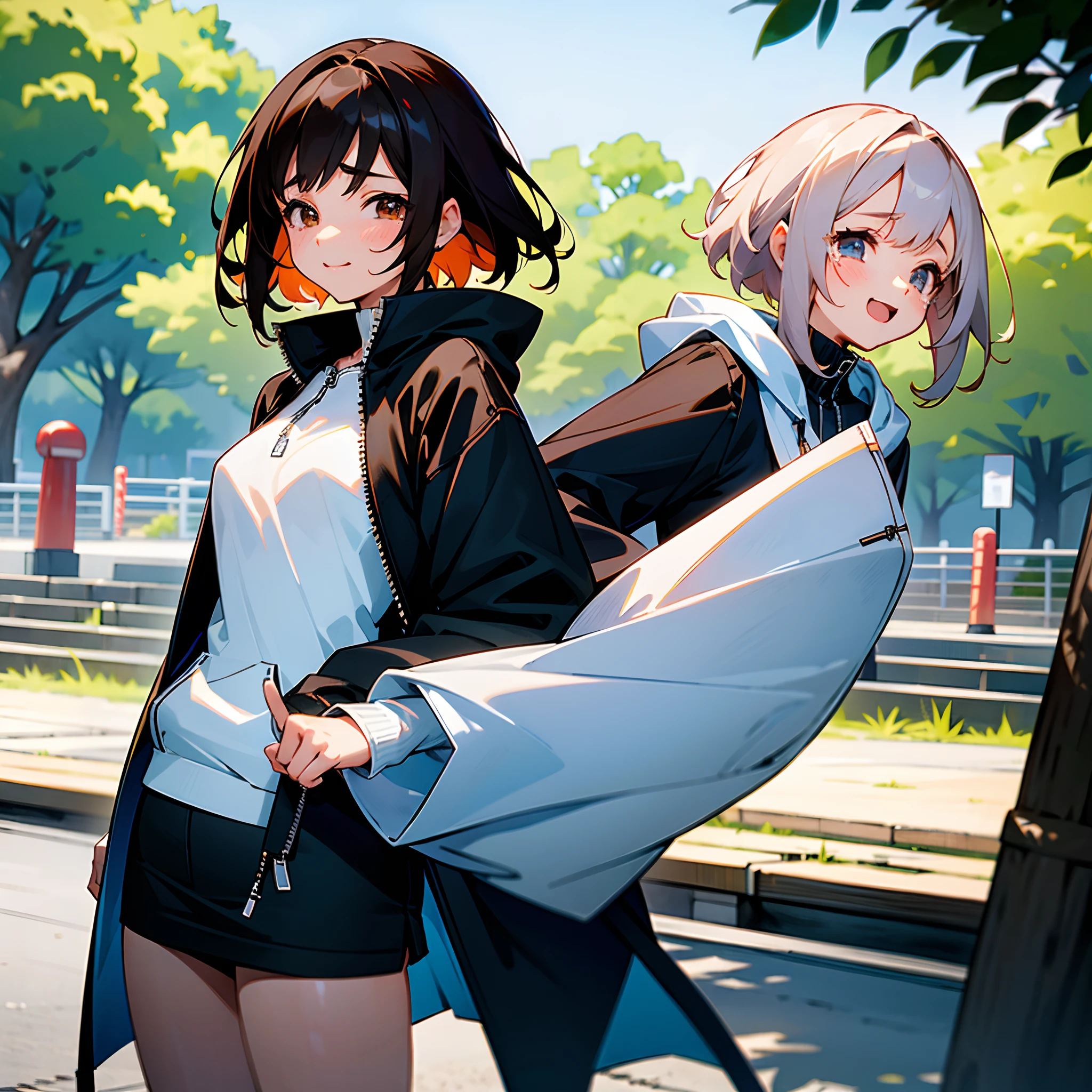 Two Japan women exposed in a park on the Sumida River in Japan、She was a 27-year-old woman with loose, fluffy short hair and lobbed hair、One is a 31-year-old woman with small breasts and a dark brown lob、The two are having fun、small tits、Small、discreet breasts、street snap、Adult Women's Plain Clothes、Sheer feeling、Beautuful Women、Smiling and crying、She is wearing an ivory zip-up hoodie with the zipper down and the front open、、Black long coat、Black miniskirt、White inner camisole