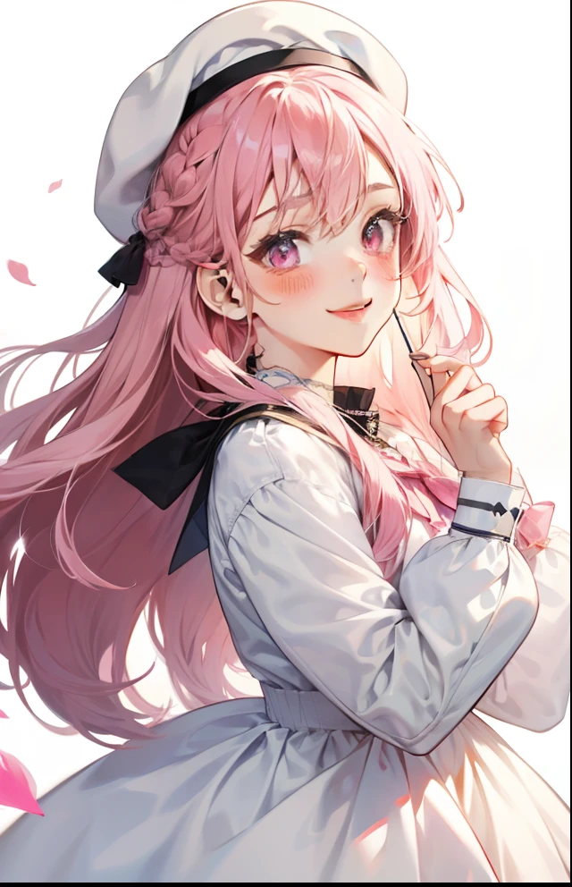 girl with、Background white、without background、Pink hair、Braiding、The long-haired、Pink eyes、with blush cheeks、Embarrassing、White Dress Long Sleeve、White cap、beret、frilld、bow ribbon、Smiling、kawaii、without background