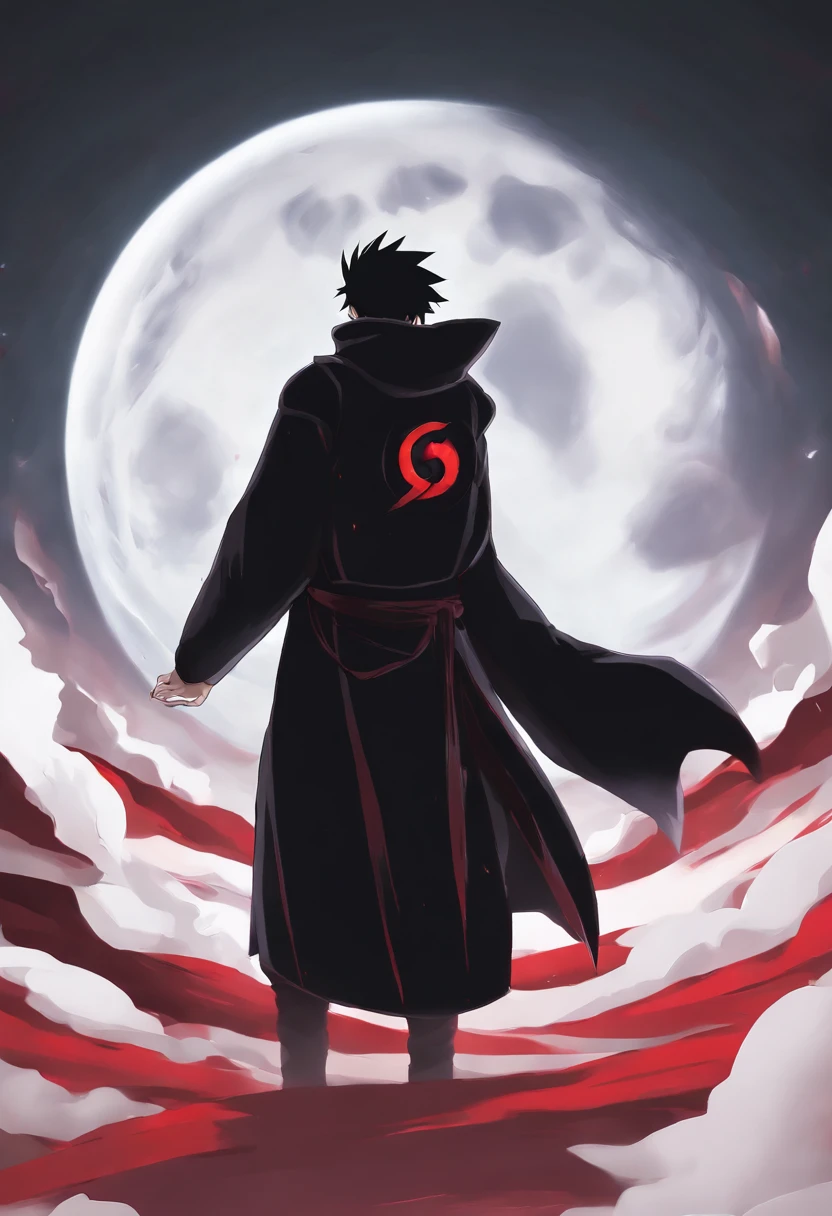 Obito Uchiha Man, Mangekyou Sharingan(best quality,ultra-detailed,realistic),Rinnegan(best quality,ultra-detailed,realistic), a small curved scar on the right side of the face, starting from the forehead and ending at the eye area, dark and mysterious atmosphere, intense emotion, pale skin, spiky black hair(messy), vibrant red irises, glowing sharingan(best quality,moving,animated:1.1), shining rinnegan(best quality,moving,animated:1.1), red and purple color scheme, dynamic pose, wearing a long black cloak with a red clouds pattern, standing on a battlefield, surrounded by wreckage and debris, dramatic lighting, cinematic camera angle, smoke and dust particles in the air.