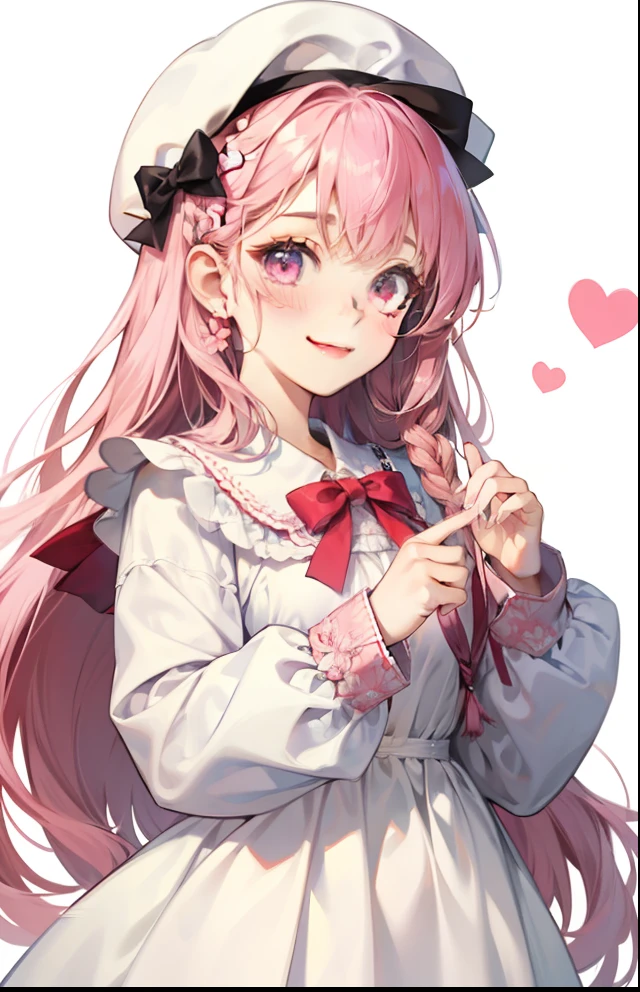 girl with、Background white、without background、Pink hair、Braiding、The long-haired、Pink eyes、with blush cheeks、Embarrassing、White Dress Long Sleeve、White cap、beret、frilld、bow ribbon、Smiling、kawaii、without background