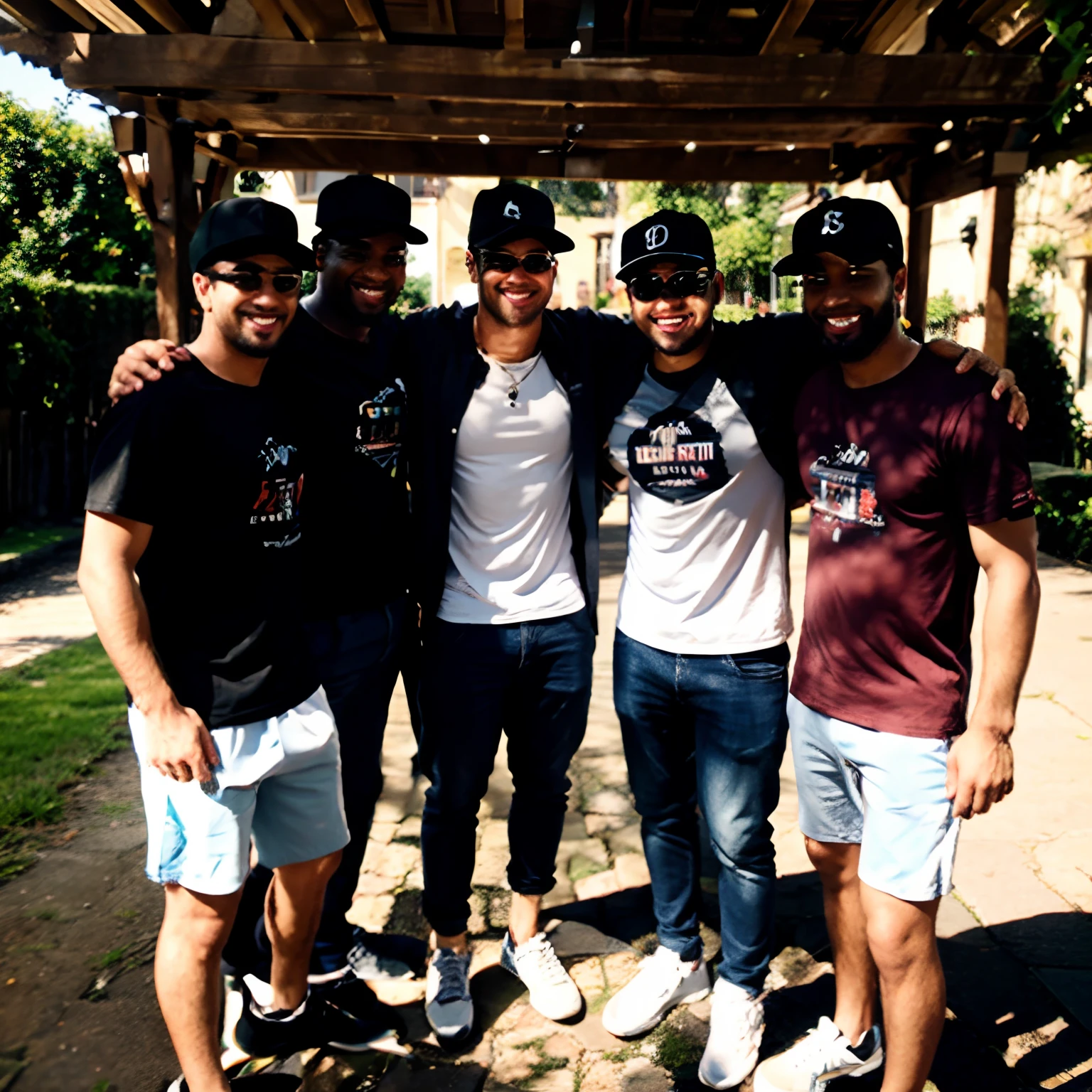 The image shows four men standing next to each other, posando para uma foto. Todos usam roupas diferentes, With a man in a hat, outro de camisa preta e os outros dois de camiseta. The men are smiling and seem to be enjoying their time together. The scene suggests a friendly meeting or a casual event where everyone is having a good time.