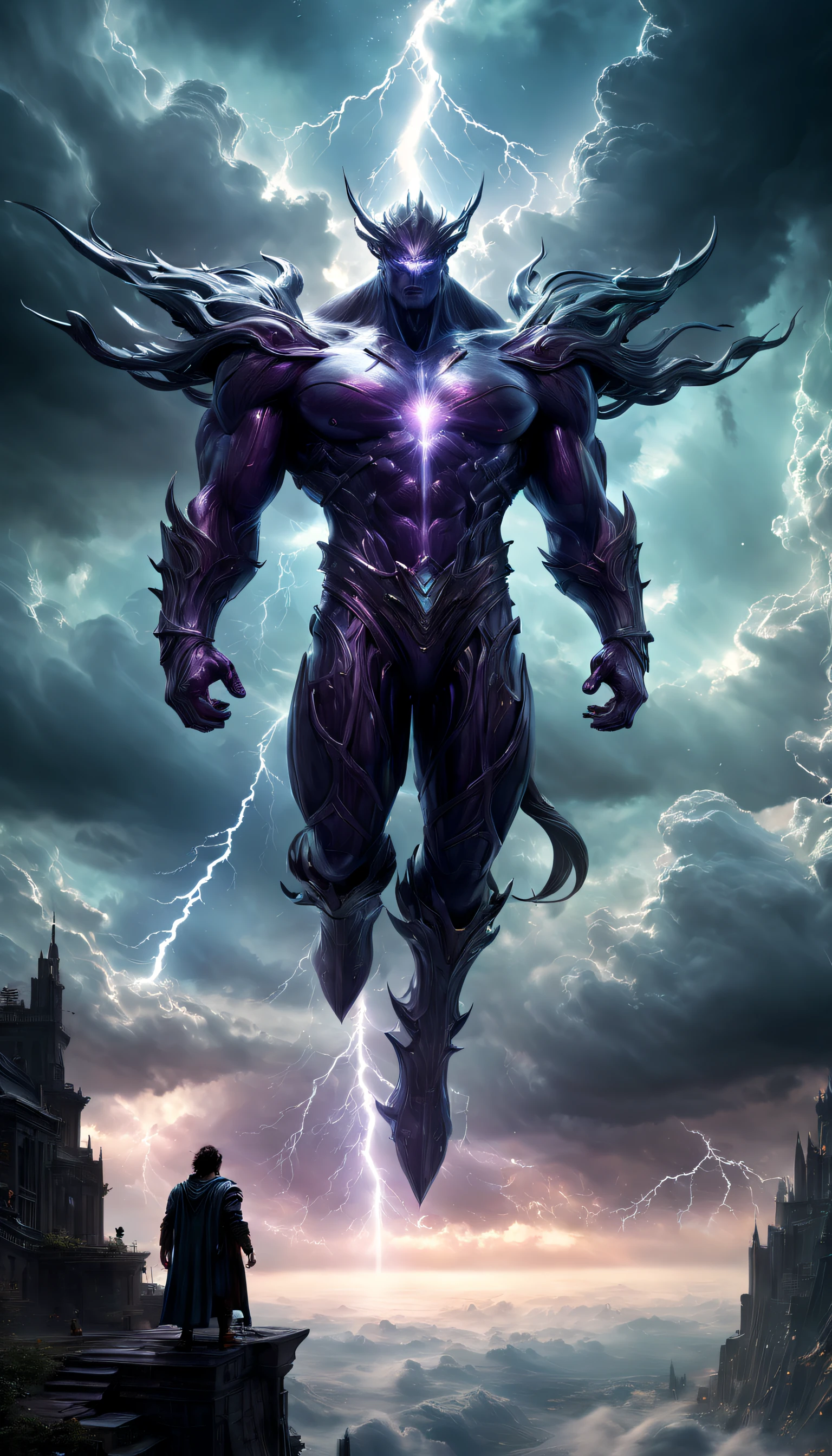 (的数字艺术),DonMC3l3st14l3xpl0r3rsXL城市,emerging,cloud giant,giant creature,stormy sky,dramatic lighting,unique perspective,ethereal,overwhelming presence,intricate details,majestic,imposing stature,dynamic pose,muscular physique,rays of sunlight piercing through the clouds,ominous atmosphere,giant hands enveloping the sky,towering over the landscape,deep shadows and highlights,impressive scale,atmospheric perspective,soft edges,subtle gradients,mysterious aura,awe-inspiring,anatomy intricacies,colorful hues blending seamlessly,rippling muscles,billowing clouds,tendrils of mist,enchanting scene,humid air,magical realism,mythical creature,evokes a sense of wonder,imagination unleashed.((best quality,highres,masterpiece:1.2,ultra-detailed,realistic:1.37)).A sudden flash of lightning lit everything up for a second,He was struck by lightning and killed.