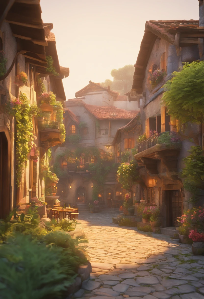 4k, Realistic, Very detailed, lente grande angular, Humid medieval city, vibrante, fantastic plants, uma casa grande, Estilo Makoto Shinkai, Fundo do anime, arte conceitual, (nenhum caractere aparecendo), realistic lighting, Epic composition, Difuso, (master part, best quality), super HD, 32k --v 6