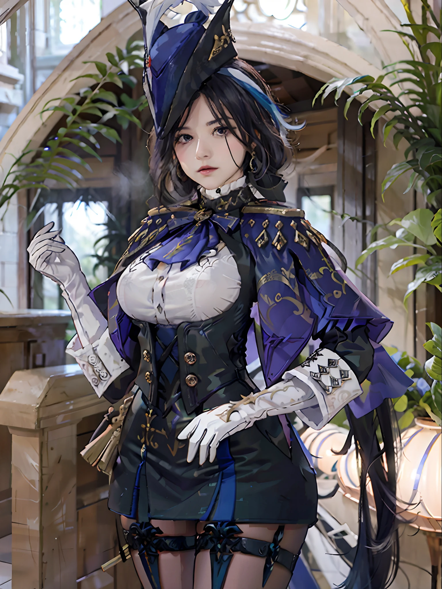 8K分辨率、Raw photo、1girl in, Klonde \(GenshinImpact\), tricorne, pantyhose, earrings, blue cape, White Gloves, pencil skirts, White shirt, Thigh strap, Underbust, ascot, Jacket, depth of fields, Standing, Cowboy Shot, Glaring, put hands on the hip, Looking at Viewer, chies, Indoors
