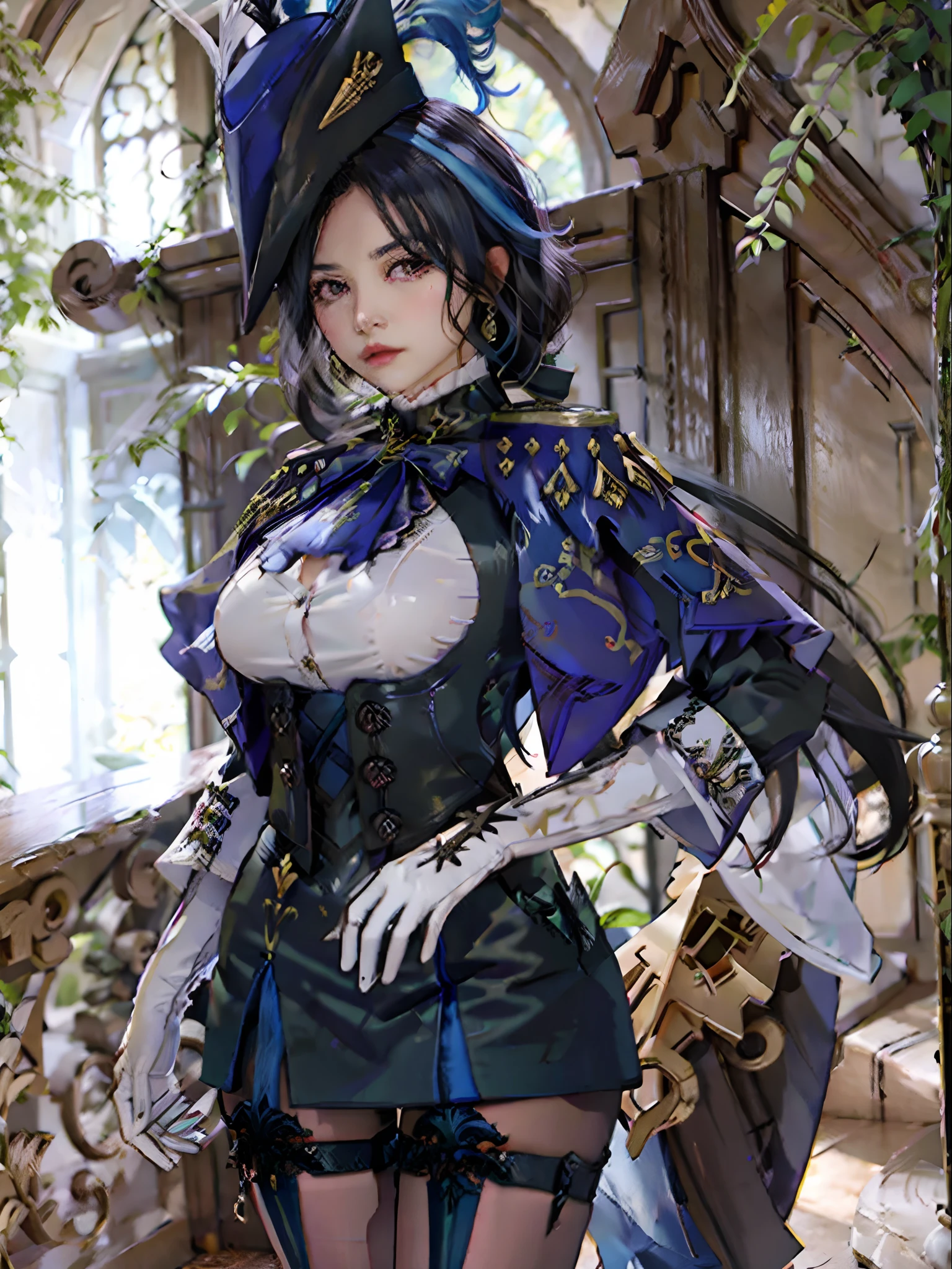 8K分辨率、Raw photo、1girl in, Klonde \(GenshinImpact\), tricorne, pantyhose, earrings, blue cape, White Gloves, pencil skirts, White shirt, Thigh strap, Underbust, ascot, Jacket, depth of fields, Standing, Cowboy Shot, Glaring, put hands on the hip, Looking at Viewer, chies, Indoors