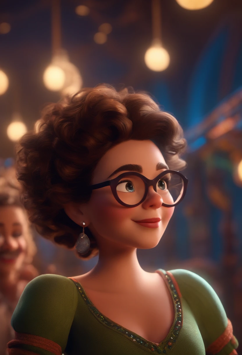 Pixar style image with 3D character white glasses brunette woman short curly hair dancing, Maquiagem Disney,Pescador, bonitinho, sorridente ,Close-up, Pixar, Disney, Cinema lighting,