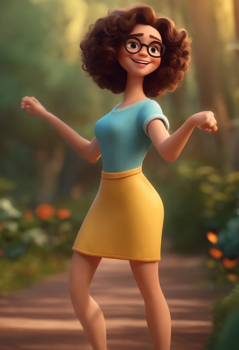 Pixar style image with 3D character white glasses brunette woman short curly hair dancing, Maquiagem Disney,Pescador, bonitinho, sorridente ,Close-up, Pixar, Disney, Cinema lighting,