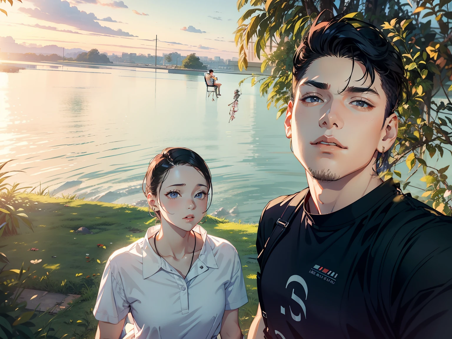 Male and female couples　Girl sitting on a chair wearing a tight skirt over a blouse。Boy hugging from behind。Boy in high school long pants uniform with mash cut hairstyle。Without glasses、Boy's provocative gaze、The girl has a shy face