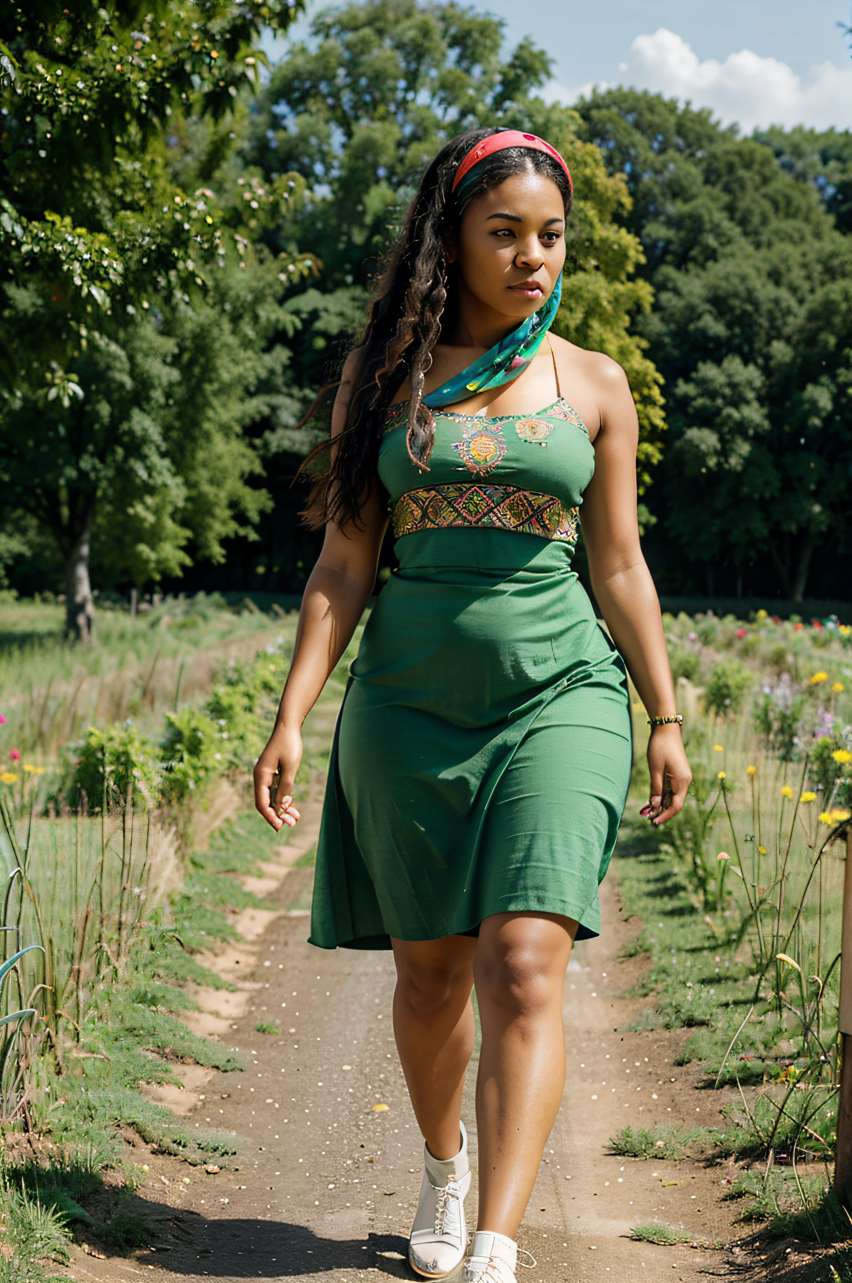 Mulatto Woman, wide hips, gorgeous, perfect face, long hair, traditional headscarf, traditional multicolored dress, walking down a countryside path, green grass, fields, crops of vegetables