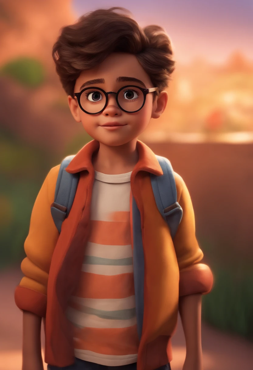 Image of a boy for a story in a YouTube video in Pixar format, He's the  allabester, He's the class leader, He's outgoing, Playful and gets up for a lot of things, cabelo curto, de oculos redondo,
