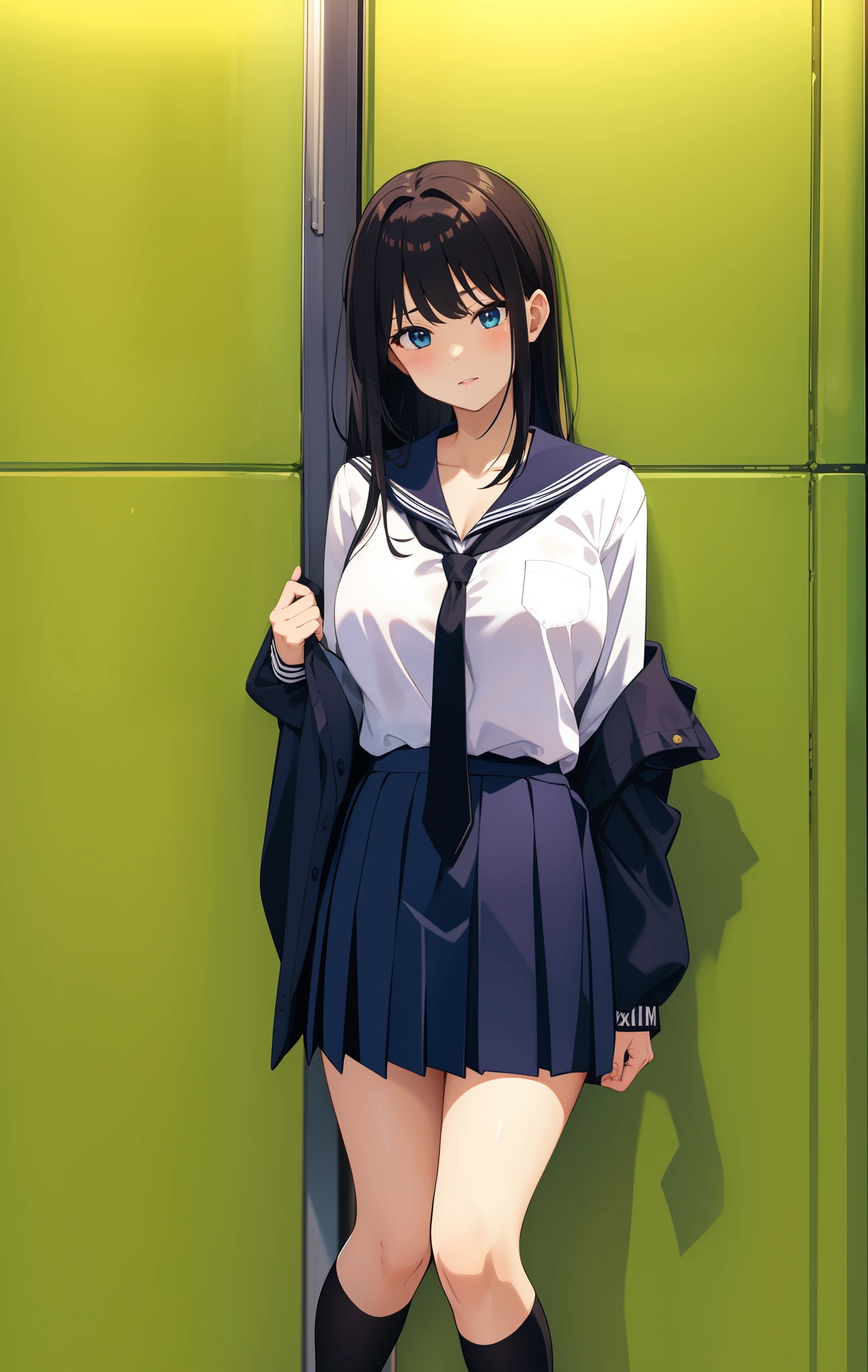 black necktie, Long sleeves, Pleated skirt, School uniform, Shirt, Skirt, sleeves rolled up, White shirt,