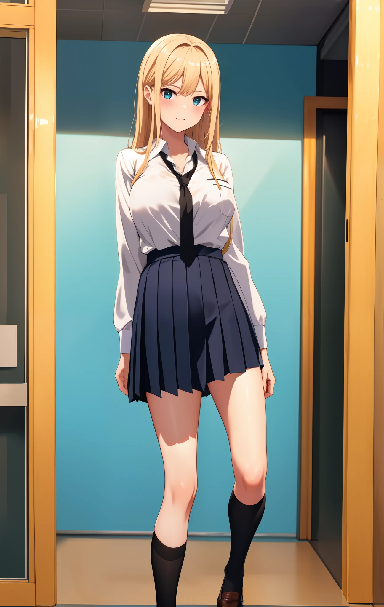 black necktie, Long sleeves, Pleated skirt, School uniform, Shirt, Skirt, sleeves rolled up, White shirt,