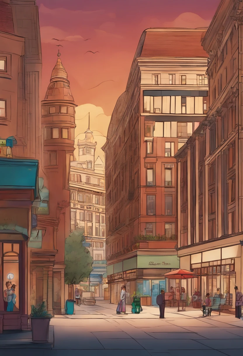 Pixar 3D-style drawing of a slimming clinic in the city center with a character in the foreground