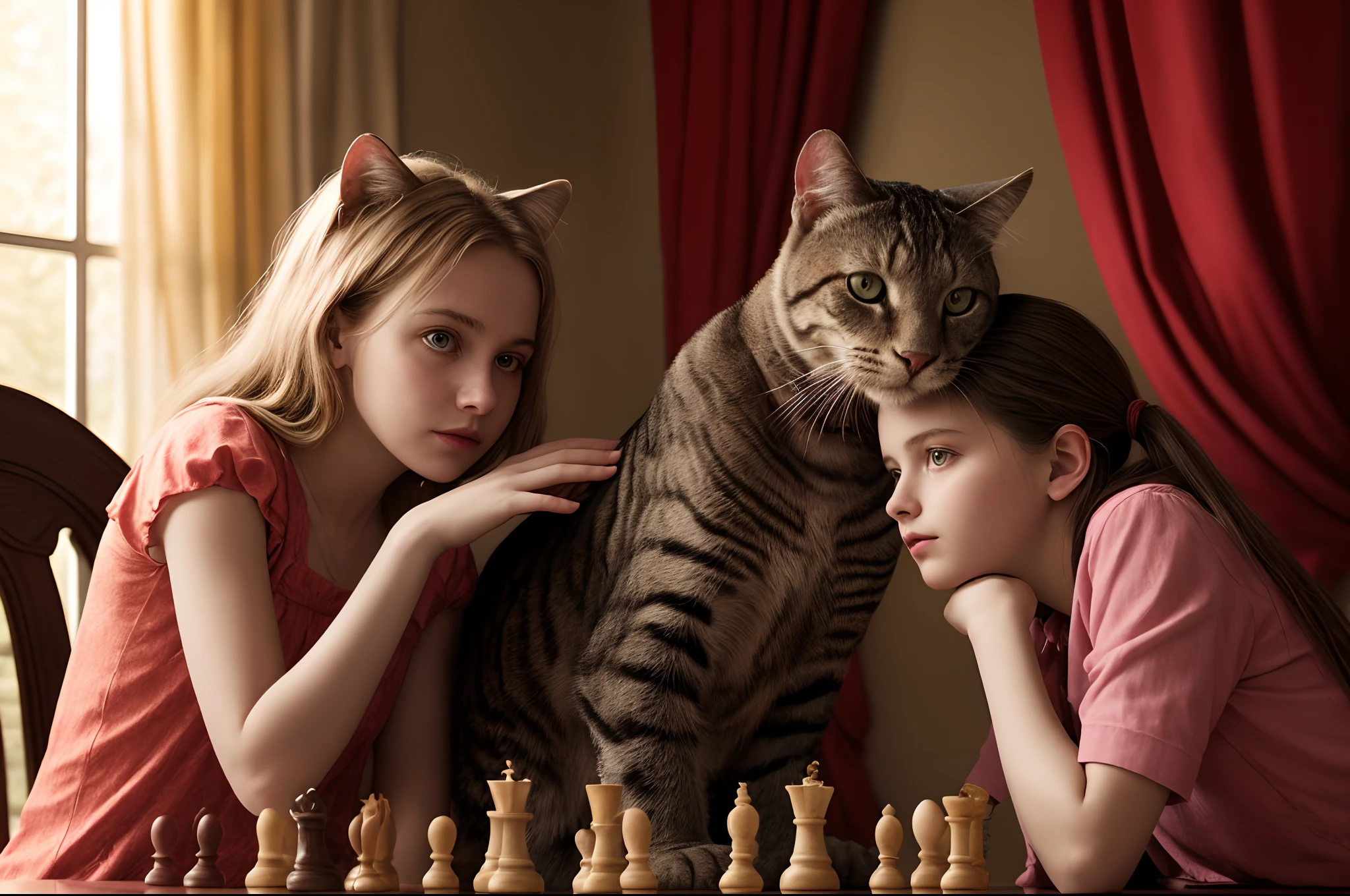 Realistic, photorealistic, RAW photo, ultra detailed, cinematic lighting, (surrealism: 1.2), theater stage with curtain down, 12 years old girl playing chess vs big anthropomorphic cat, they leaned and look at each other almost touching their heads, detailed face and eyes, vivid colours, masterpiece, Cinematic composition, aesthetic of fairytale, Centered image.