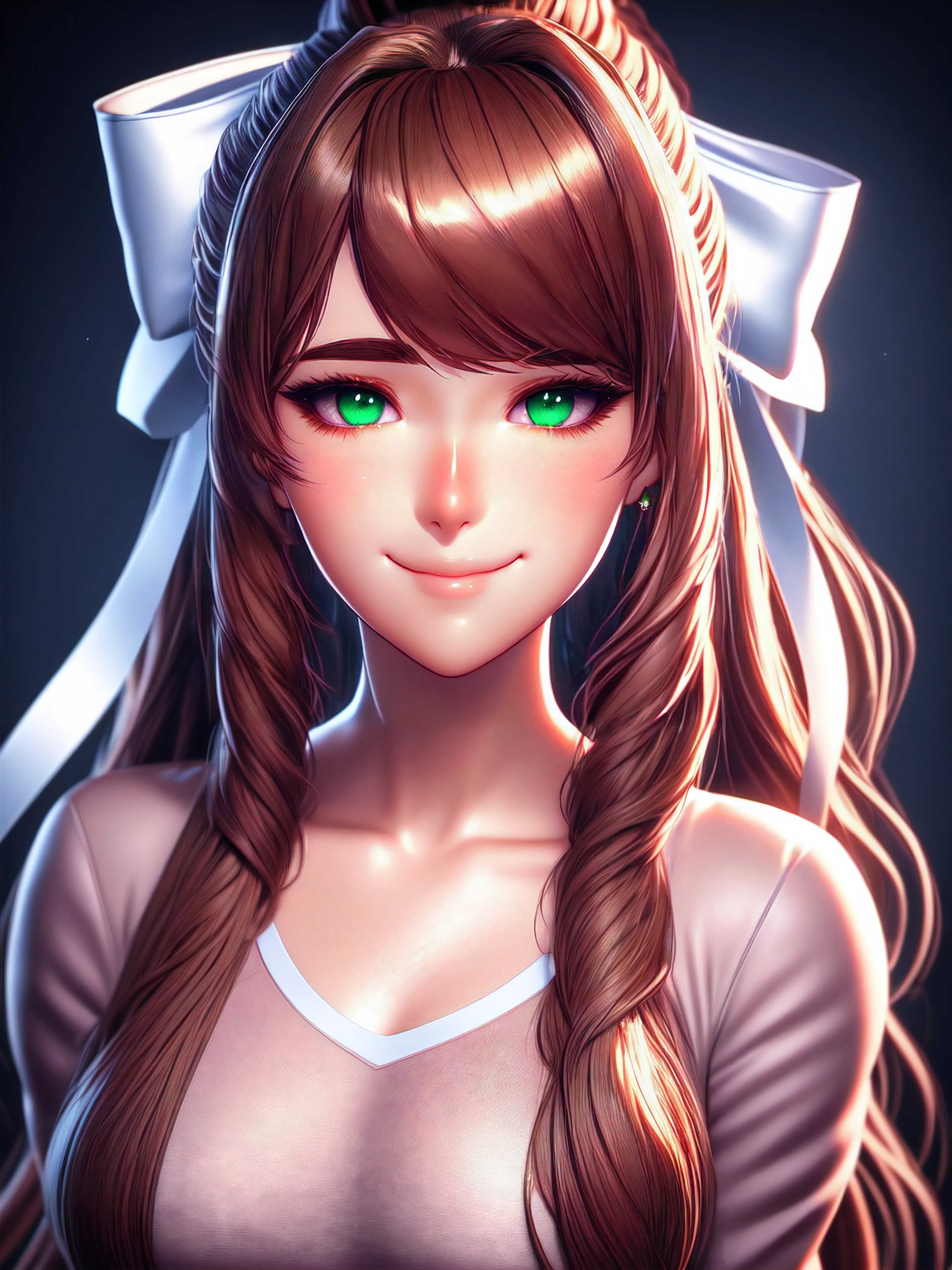 Monika posing for a profile picture. In it, she is happy and determined to show all aspects of her beauty. Monika, long brown hair with slightly wavy ends. A large white ribbon is tied into a bow on the right side of her head. She has side-swept bangs that brush her forehead. Maximum sharpness, UHD, 16K, anime style, best possible quality, ultra detailed, best possible resolution, Unreal Engine 5, perfect, more detail.