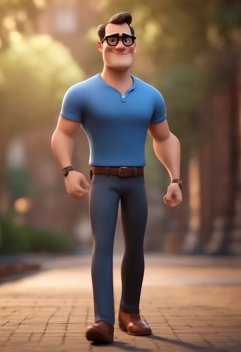 Cartoon character of a man with black glasses and a blue shirt, animation character, Caractere estilizado, animation style rendering, 3D estilizado, Arnold Maya render, 3 d render stylized, toon render keyshot, Personagem 3D, Personagem 3D, 3d rendering stylized, 3 d character render, personagem de desenho animado, Personagem de close up, Pose de personagem,  (Estilo Pixar) (master part:1.2) (Bokeh) (best quality) (pele detalhada) (textura detalhada) (8k) (argila) (Cinematic lighting) (foco nítido