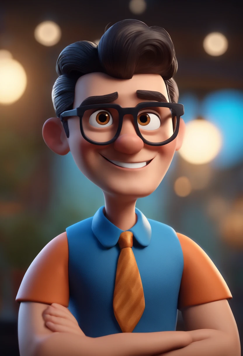 Cartoon character of a man with black glasses and a blue shirt, animation character, Caractere estilizado, animation style rendering, 3D estilizado, Arnold Maya render, 3 d render stylized, toon render keyshot, Personagem 3D, Personagem 3D, 3d rendering stylized, 3 d character render, personagem de desenho animado, Personagem de close up, Pose de personagem,  (Estilo Pixar) (master part:1.2) (Bokeh) (best quality) (pele detalhada) (textura detalhada) (8k) (argila) (Cinematic lighting) (foco nítido