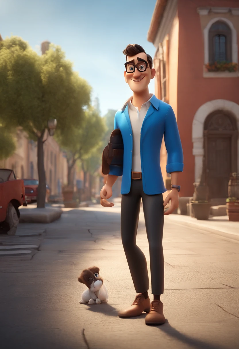 Cartoon character of a man wearing black glasses and a blue shirt, um personagem animado, Caractere estilizado, animation style rendering, 3D estilizado, Arnold Maya render, 3 d render stylized, toon render keyshot, Personagem 3D, Personagem 3D, 3d rendering stylized, 3 d character render, personagem de desenho animado, Personagem de close up, Pose de personagem,  (Estilo Pixar) (master part:1.2) (Bokeh) (best quality) (pele detalhada) (textura detalhada) (8k) (argila) (Cinematic lighting) (foco nítido