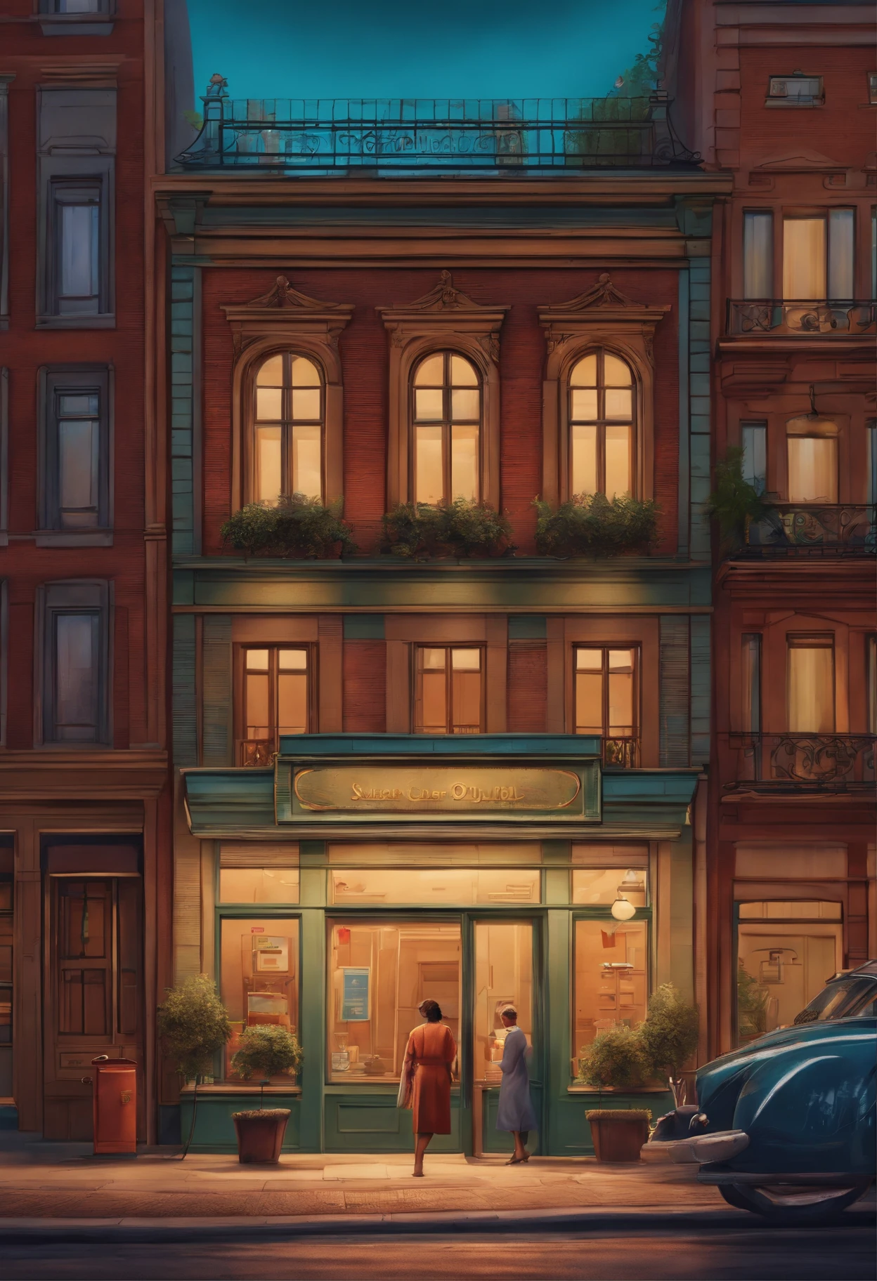 Pixar 3D-style drawing of a slimming clinic in the city center with a character in the foreground