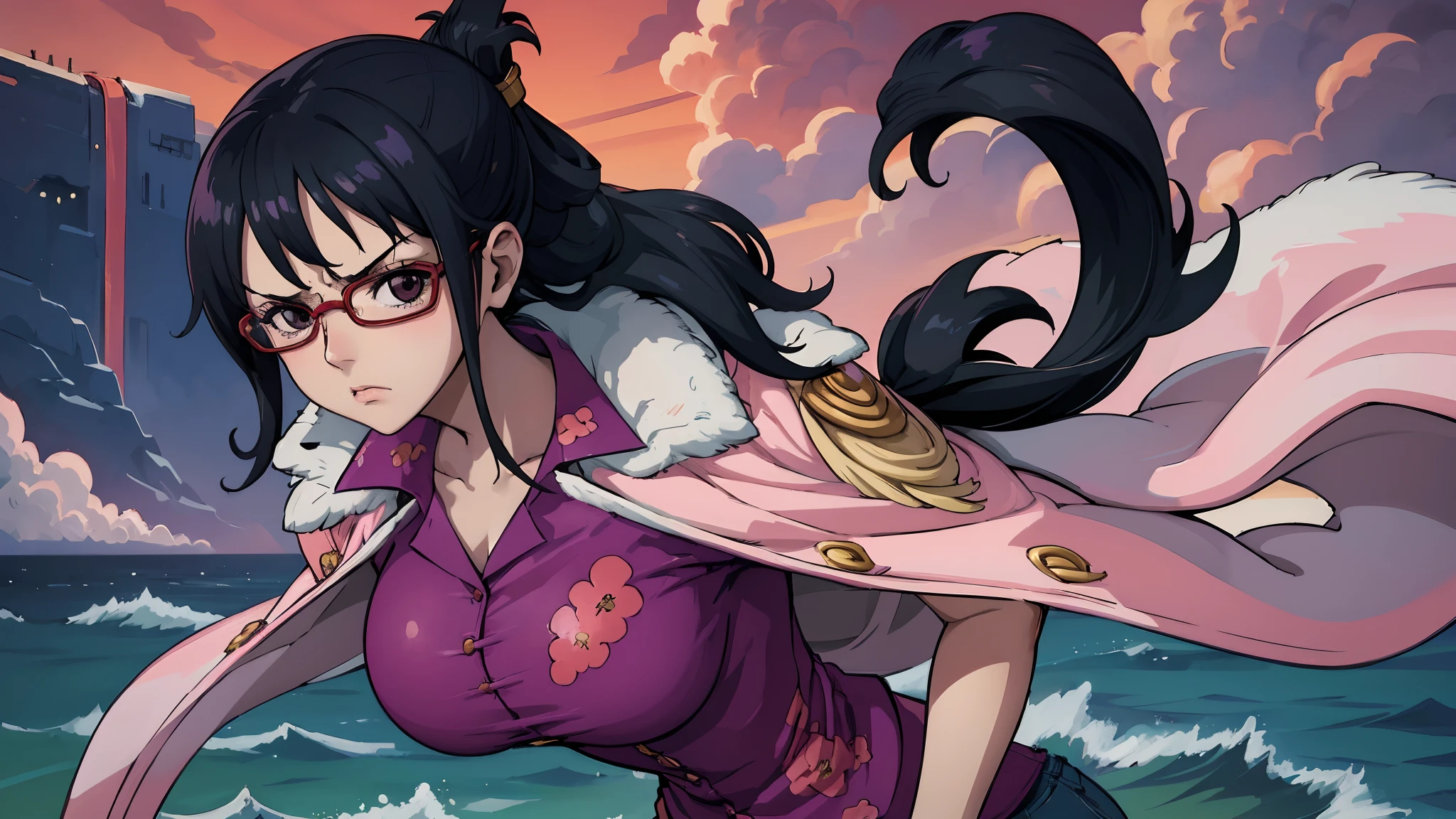 masterpiece, best quality, tashigi, black eyes, folded ponytail, glasses, pink coat, coat on shoulders, purple shirt, blue pants, upper body, looking at viewer, large breasts, serious, ocean, city