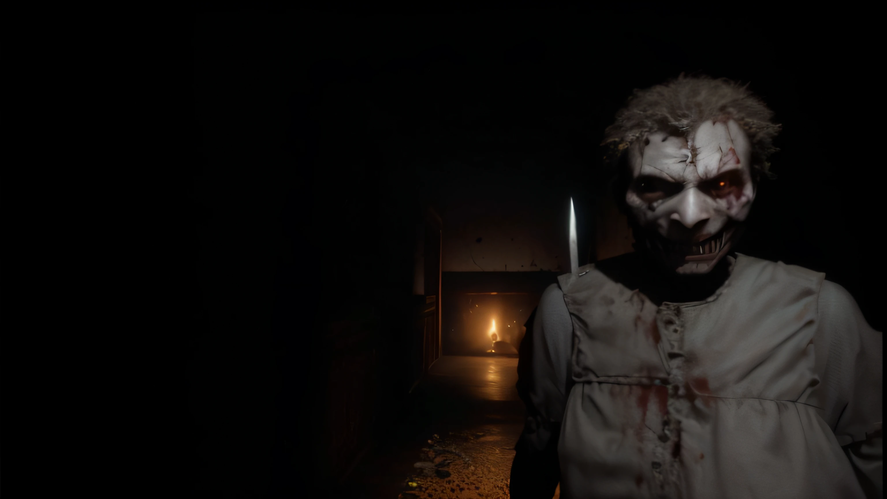 There's a scary-looking man with a bloodied face and a knife, Terror de videogame indie, horror game graphics, Foto de SCP-173, jogo de terror, horror altamente detalhado, Horror CGI 4K, horror fotorrealista, Captura de tela do videogame de 2020, jogo de terror, filme ainda de um filme de terror, Motor irreal. filme ainda