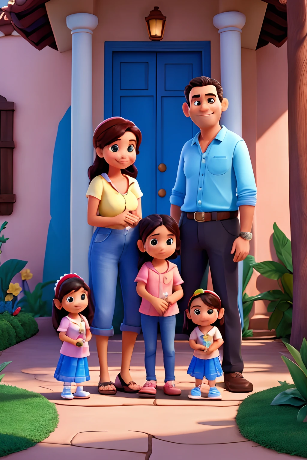 estilo disney pixar, Family with father, mother and two daughters, felizes em frente a uma casa bonita e imponente.