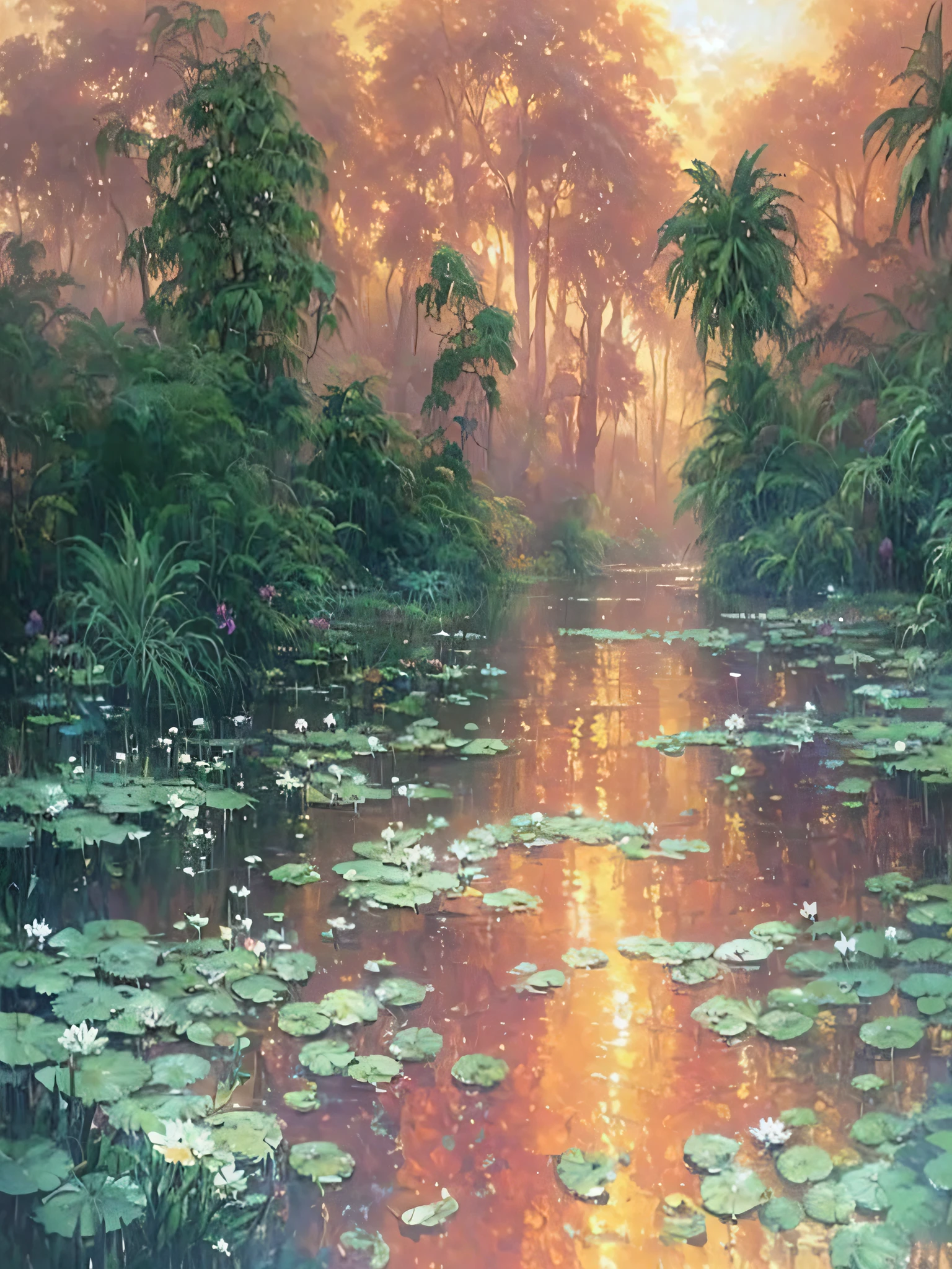 Picture of a river with water lilies and trees in the background, Thomas Kincaid and Paul Lehr, Thomas Kincaid and Craig Mullins, Thomas Kinkade, Mysterious Jungle Painting, Paul Lehr, craig mullins dappled lighting, stunning painting, Carlos Krauts, beautiful painting, Magnificent painting, Rads and Thomas Kincaid