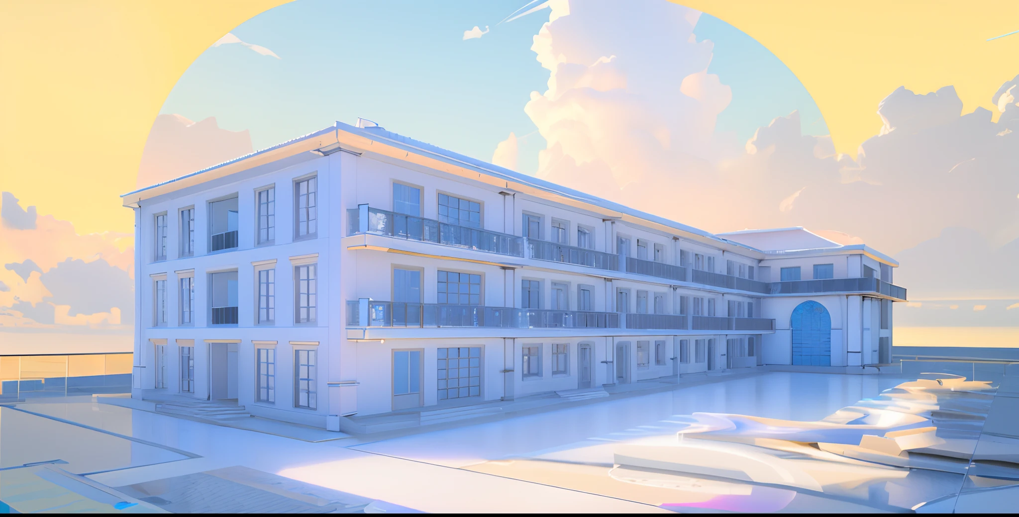 a rendering of a large white building with a balcony and balconies, building facing, architectural render, architectural rendering, perspective view, architectural 3 d render, low angle dimetric rendering, architecture render, lumion render, front perspective, full building, architectural concept, 3 - d render, lumion rendering, 3 d renders, 3 d perspective, 3 d rendering,blue sky,alumunum glass window and doors,white clouds,yellow sunshine,