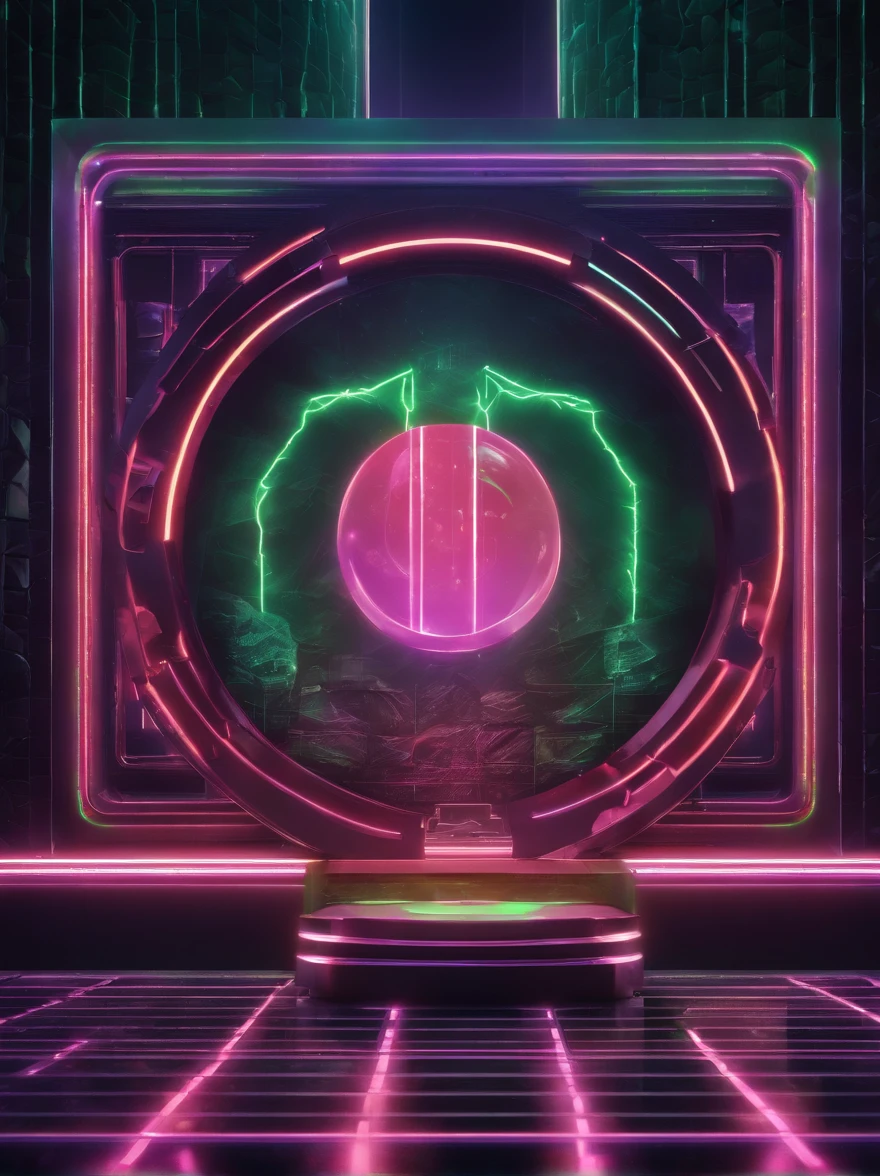 create a dark and impactful setting, with a predominant holographic podium with green neon lights
