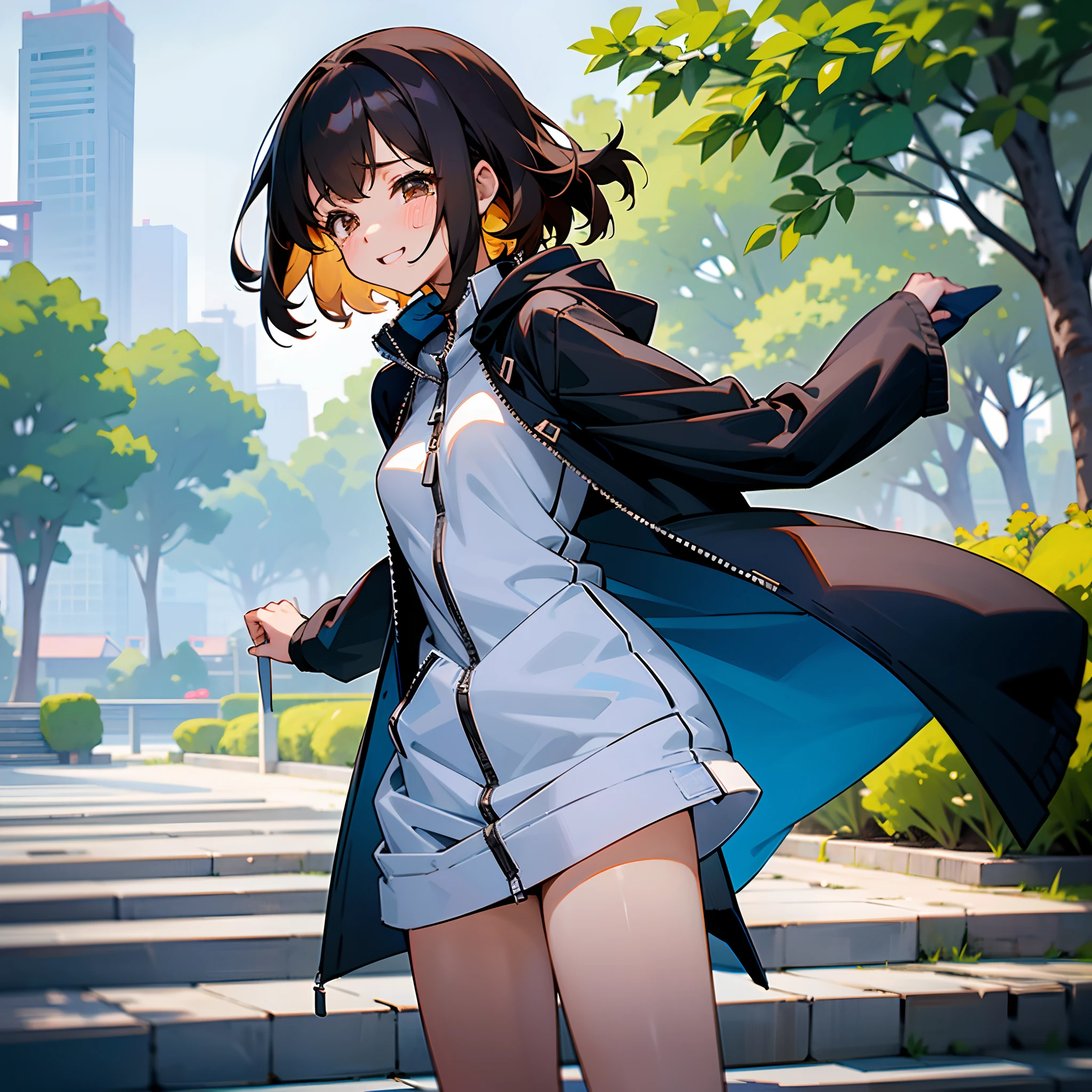 Two Japan women exposed in a park on the Sumida River in Japan、She was a 27-year-old woman with loose, fluffy short hair and lobbed hair、One is a 31-year-old woman with small breasts and a dark brown lob、The two are having fun、small tits、Small、discreet breasts、street snap、Adult Women's Plain Clothes、Sheer feeling、Beautuful Women、Smiling and crying、She is wearing an ivory zip-up hoodie with the zipper down and the front open、、Black long coat、Black miniskirt、White inner camisole