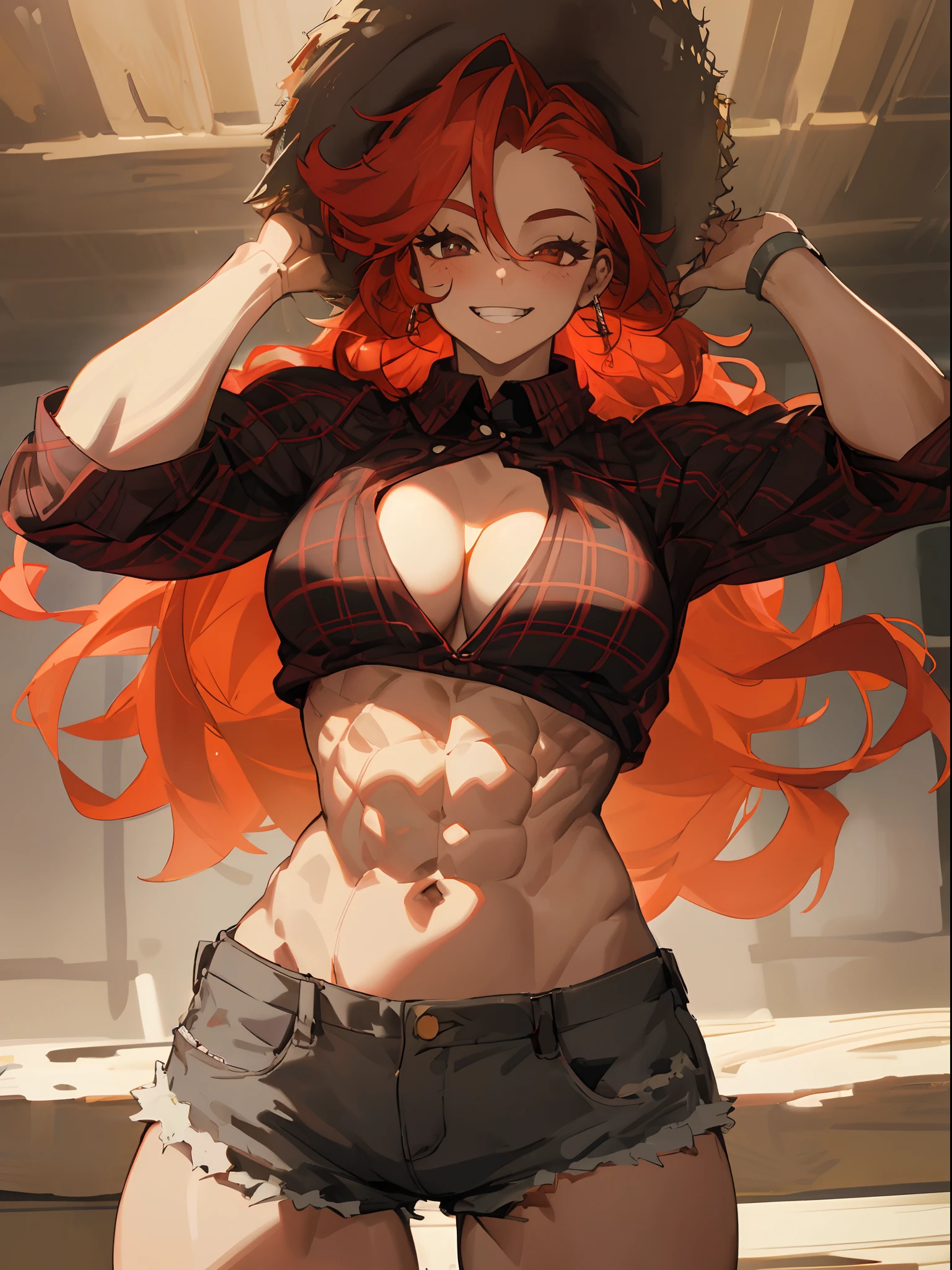 1girl, beautiful, perfect lighting, muscular, thick thighs, mature female, milf, navel, abs, looking at viewer  (masterpiece, high quality:1.1) ,cowboy hat,body freckles,barn,pale skin,red hair, braid, ,short shorts,plaid shirt, skindentation, cleavage,grin