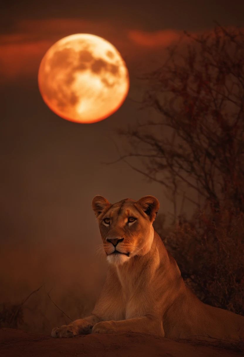 lioness,savanna,evening, Blood Moon