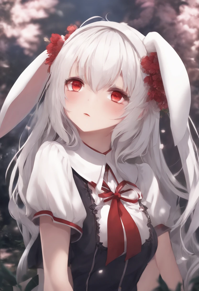 Anime girl with white hair and bunny ears, Red Eyes, Shy blush, school uniformss