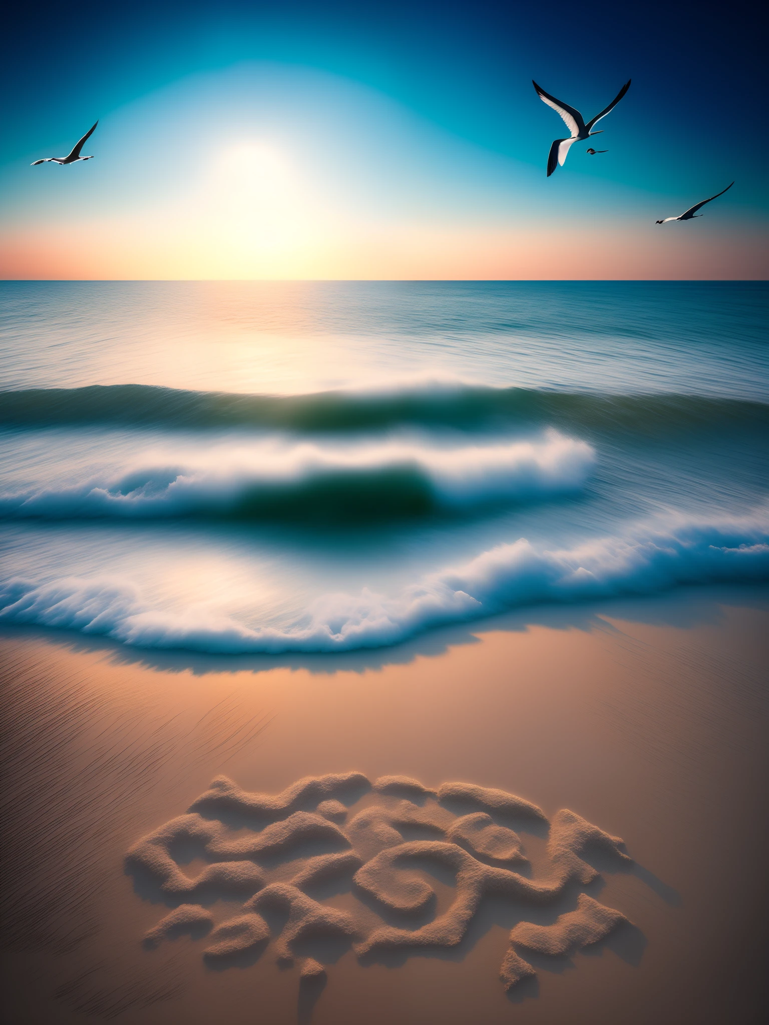 Make a beach art with the rising sun, 1/2 Appearing from behind the calm horizon and seagulls in the foreground, cores vivas , unreal engine, crystal water, sky clear, full he, 32 k