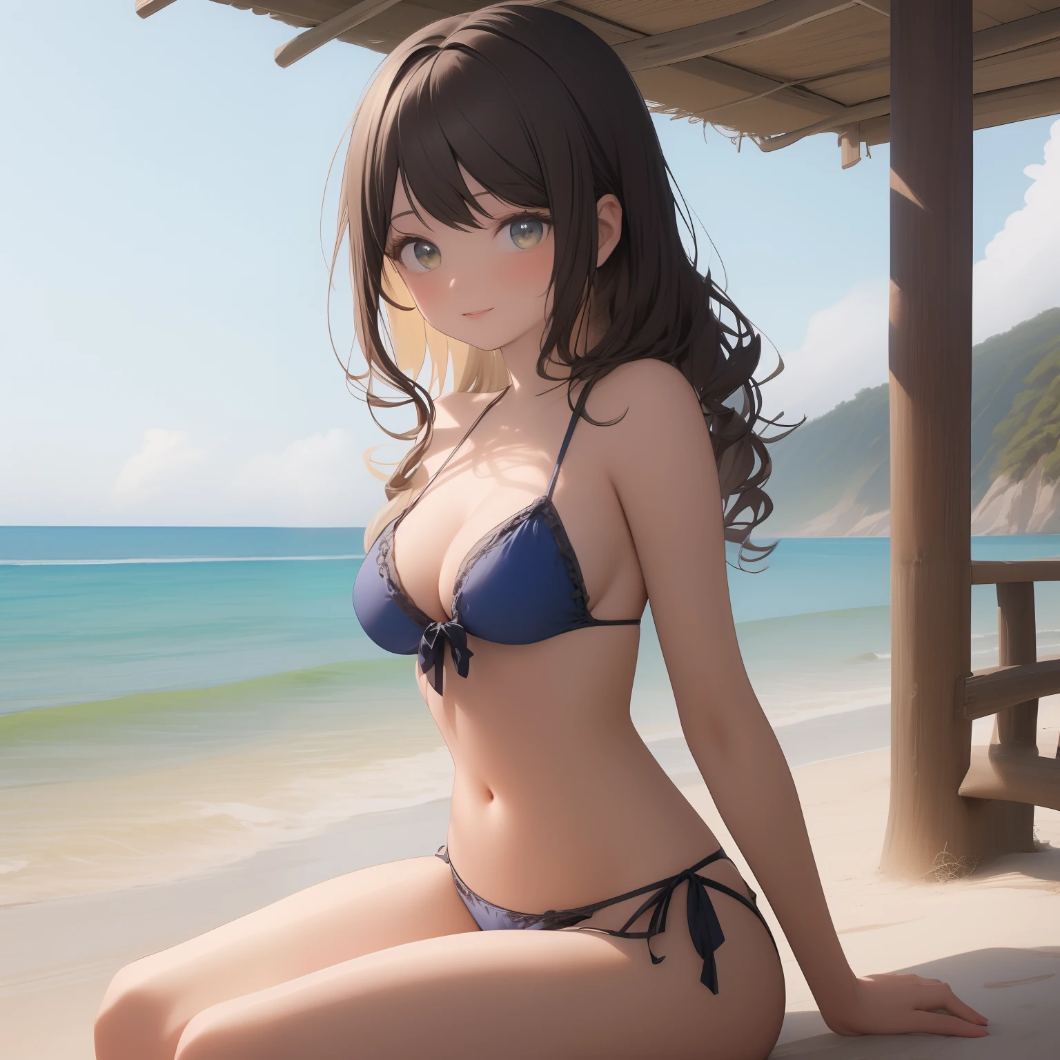 On the beach, ruffled bikini, RAW photo, (Photorealistic: 1.37, Realistic), highly detailed unified CG 8K wallpapers, 1girll, ((Perfect body: 1.1)), (Medium breasts: 1.2) , looking at viewert, (((straight from the front)))), (HQ skin:1.2, Shiny skin), 8K UHD, Digital SLR, Soft lighting, High quality, filmgrain, Fujifilm XT3, ((full bodyesbian: 0.8)), (Professional lighting:1.4) , menstrual period,sexyposture,cleavage,Big leakage